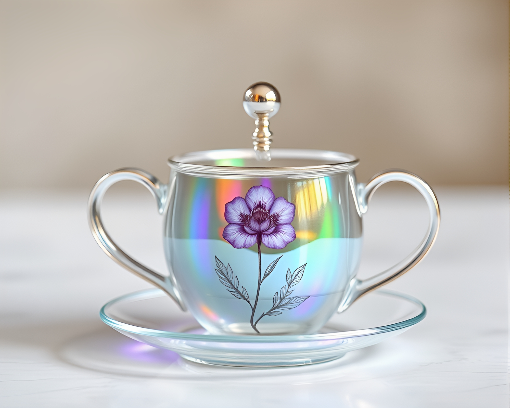Iridescent Tea Set Botanical Illustration – free AI stock image
