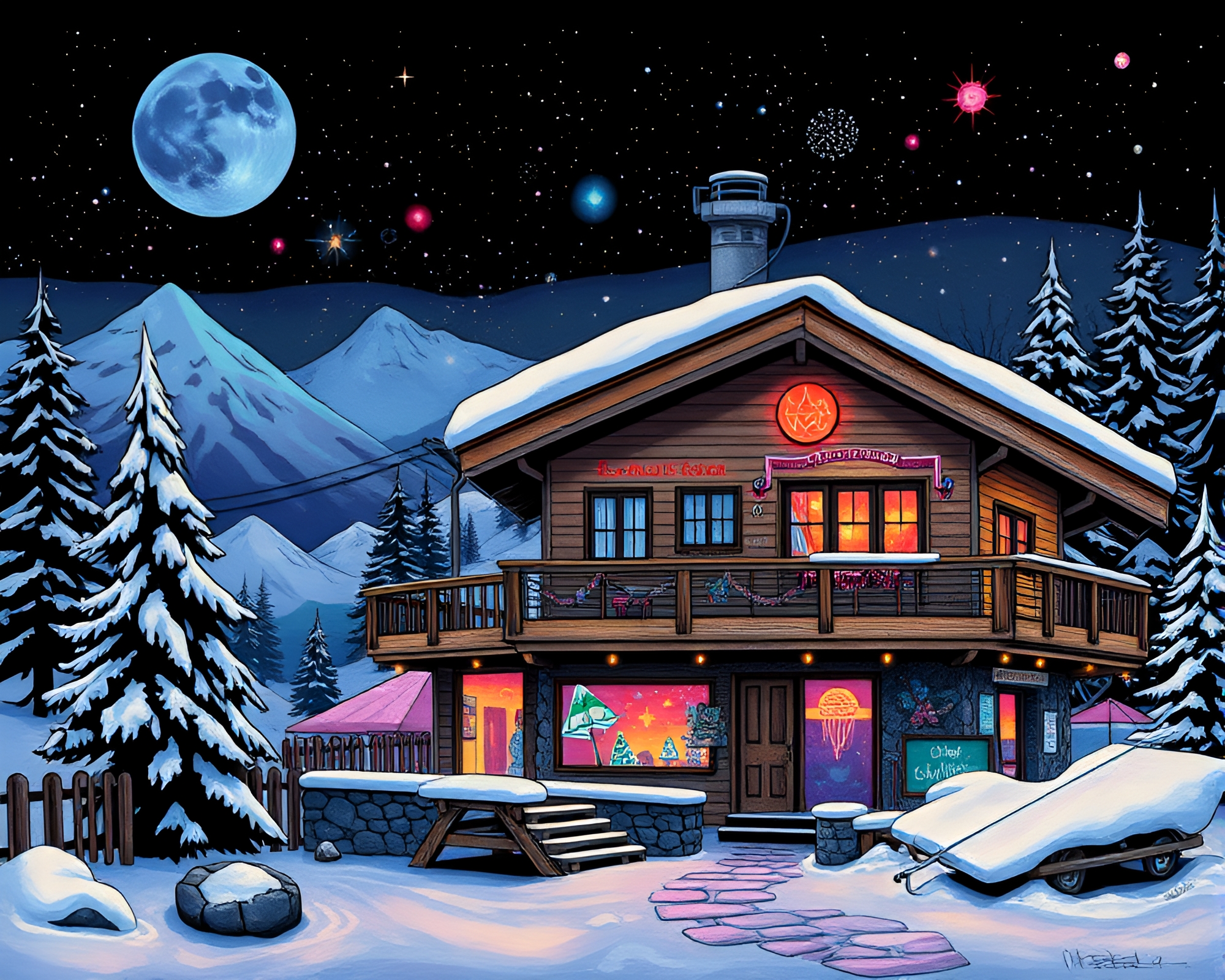 Galaxy-inspired Alpine Chalet Street Art Tags – free AI stock image