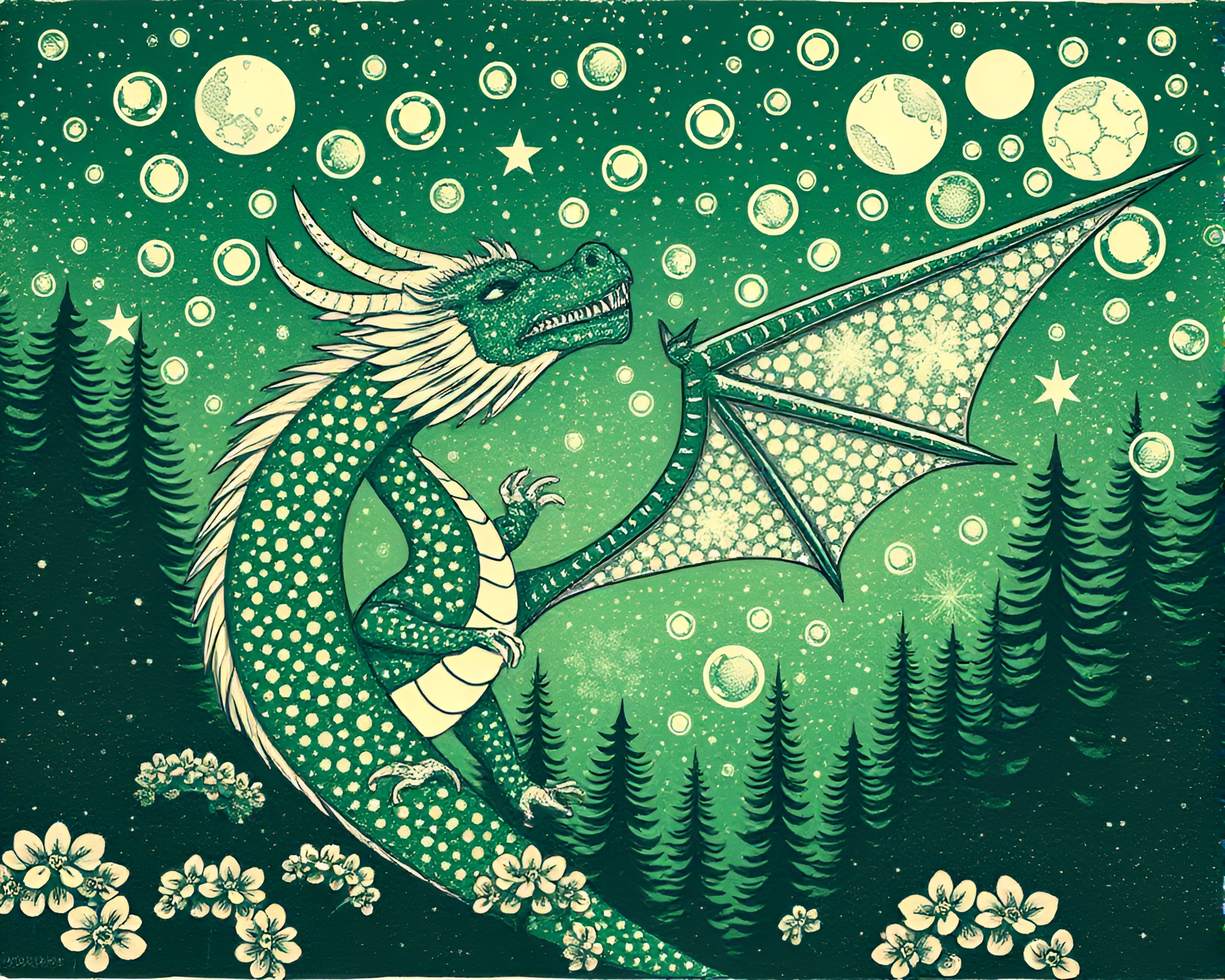 Celestial Dragon amidst Bubble Clusters in Enchanted Forest – free AI stock image