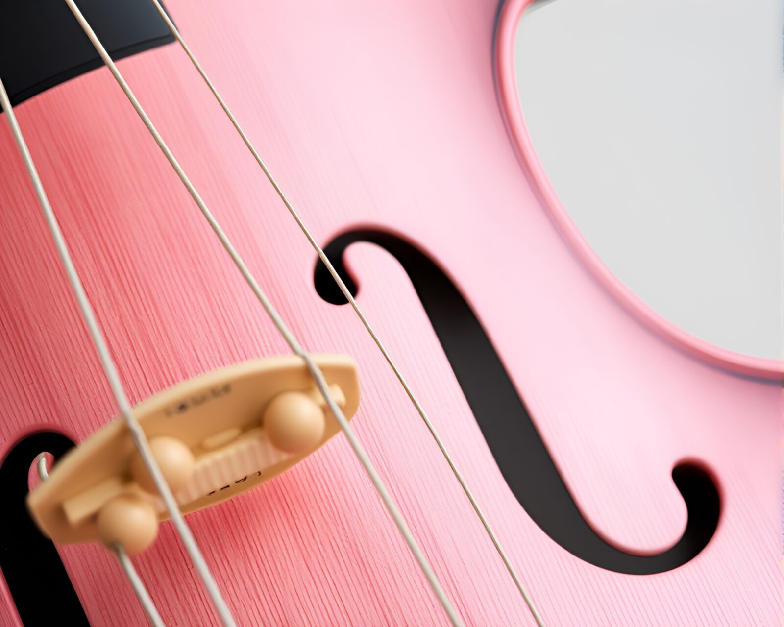 Close-up of a blush pink cello in richly designed room