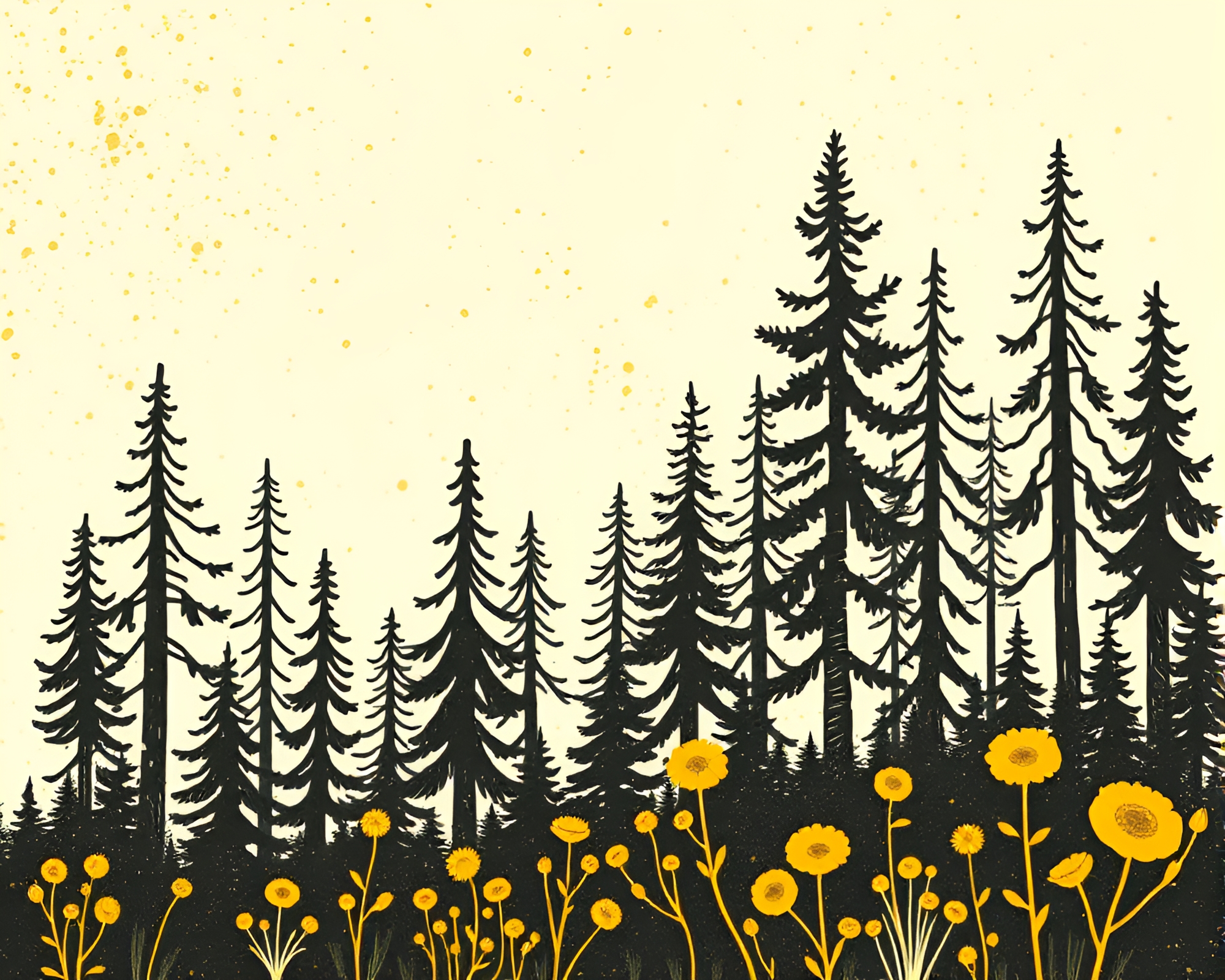 Mustard Yellow Forest Linocut Botanical Illustration – free AI stock image
