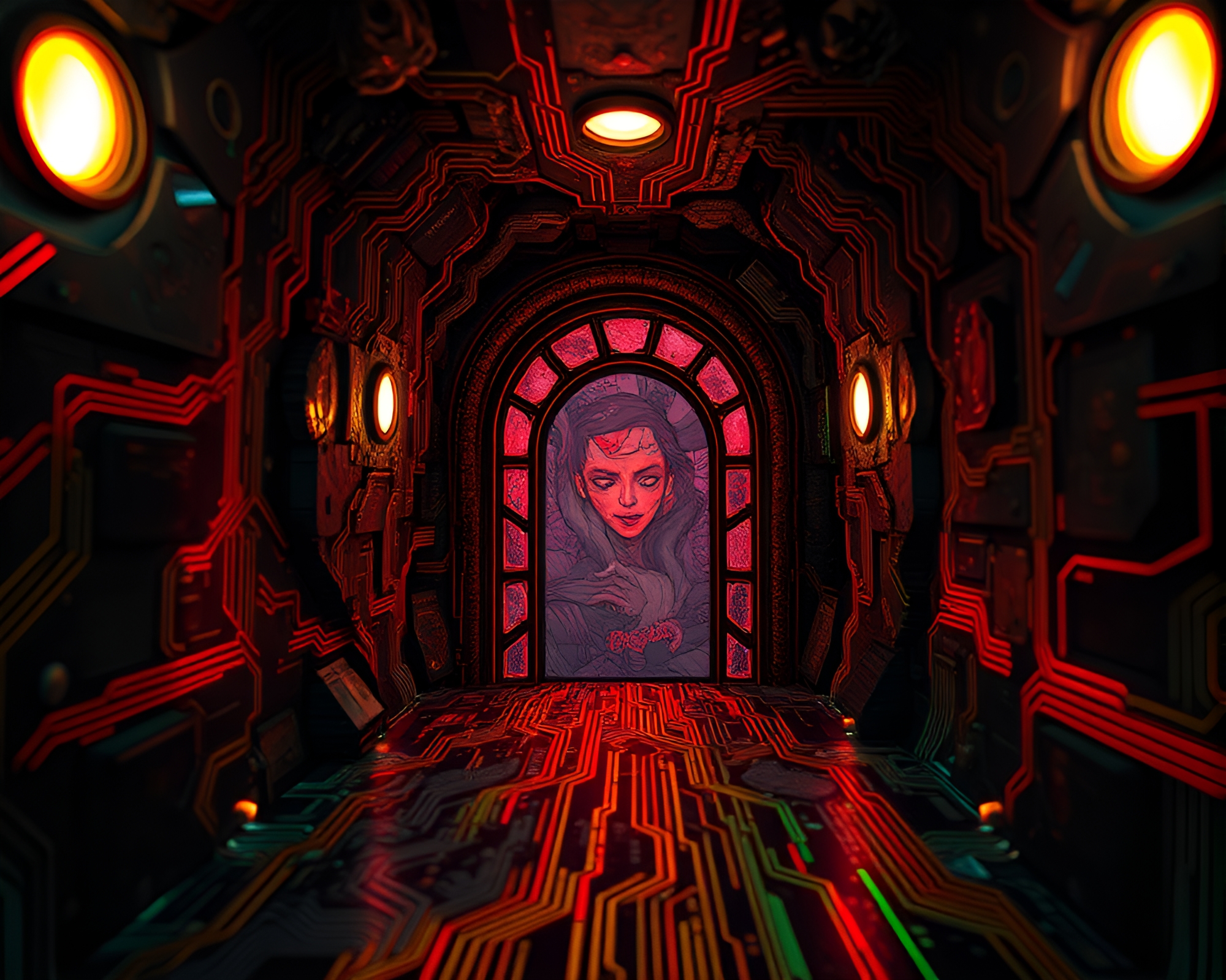 Multiverse Portal in Stained Glass Circuit Board – free AI stock image