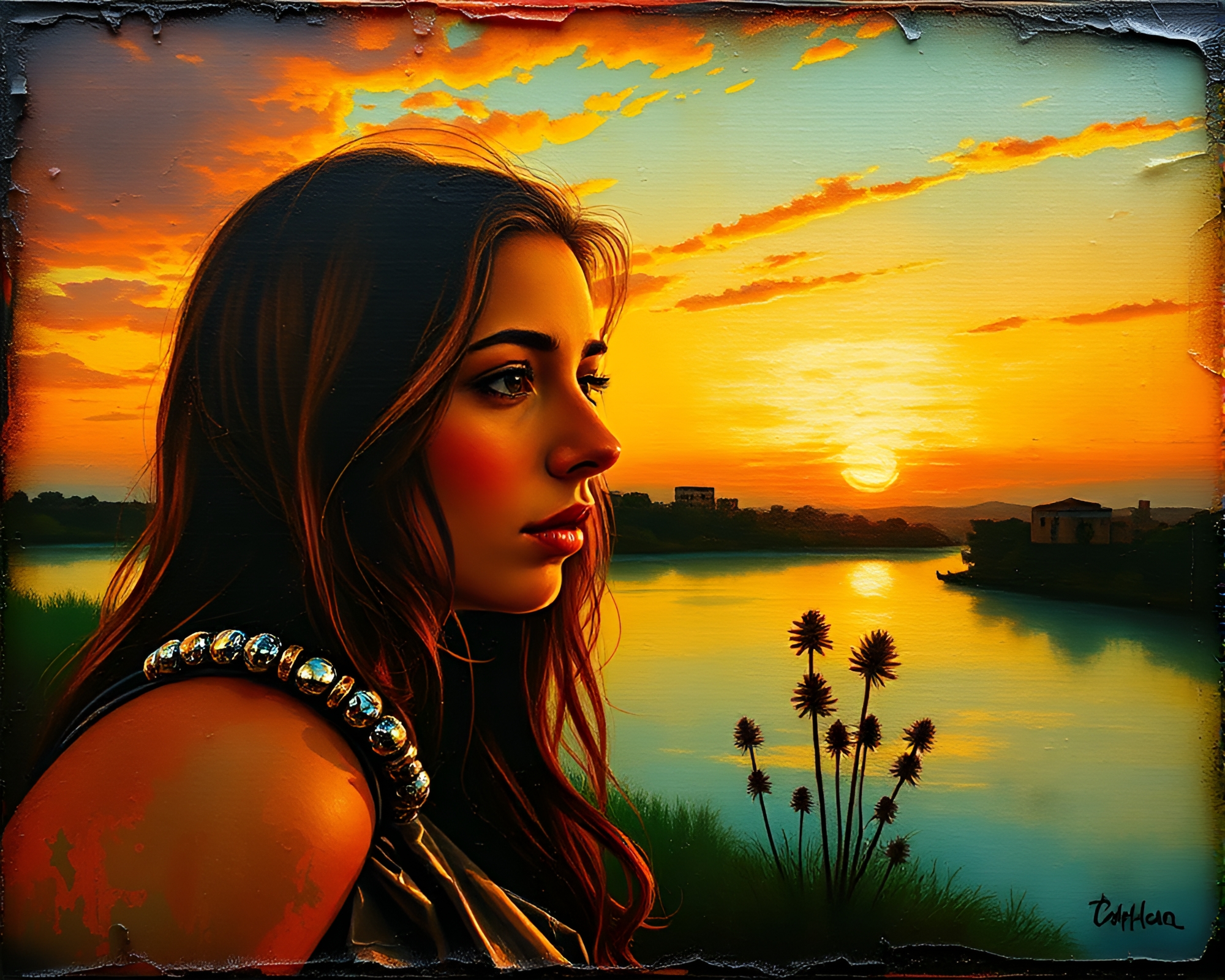 Encaustic Painting of Woman with Bracelet at Sunset – free AI stock image