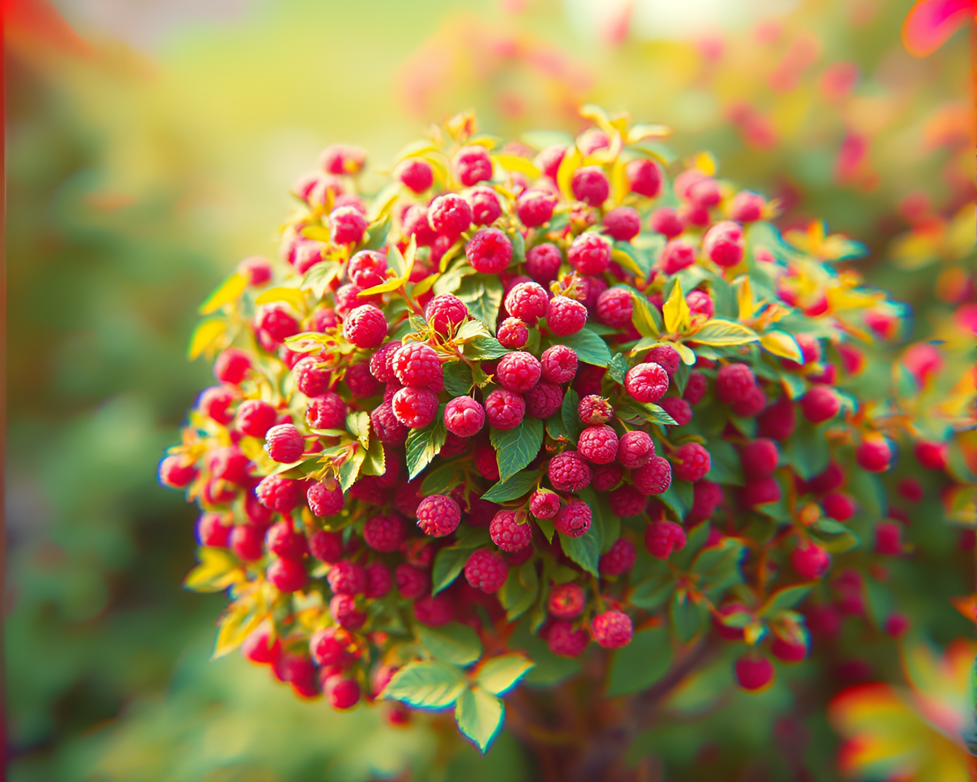 Glitchy overexposed raspberry bush in soft focus – free AI stock image