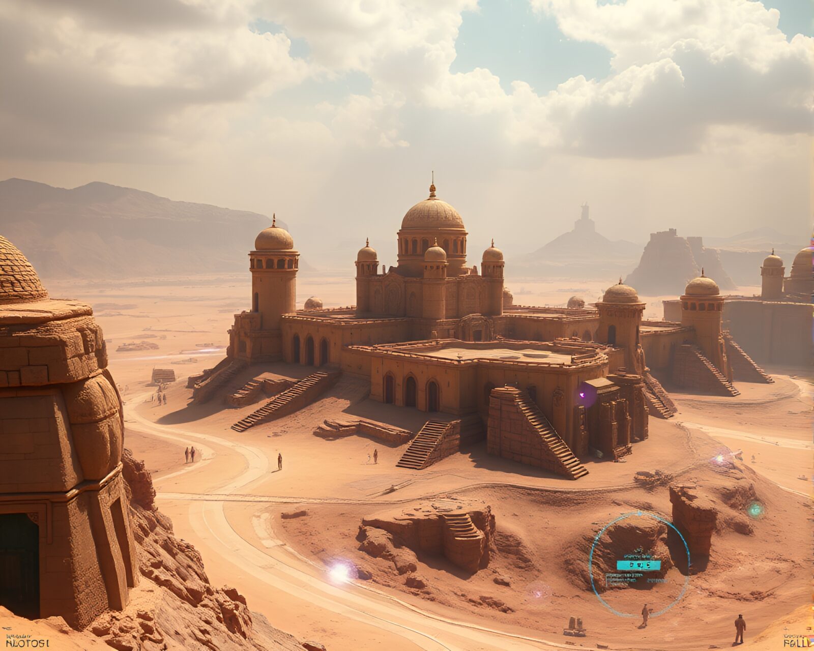 A futuristic HUD overlay on a deserted castle in desert