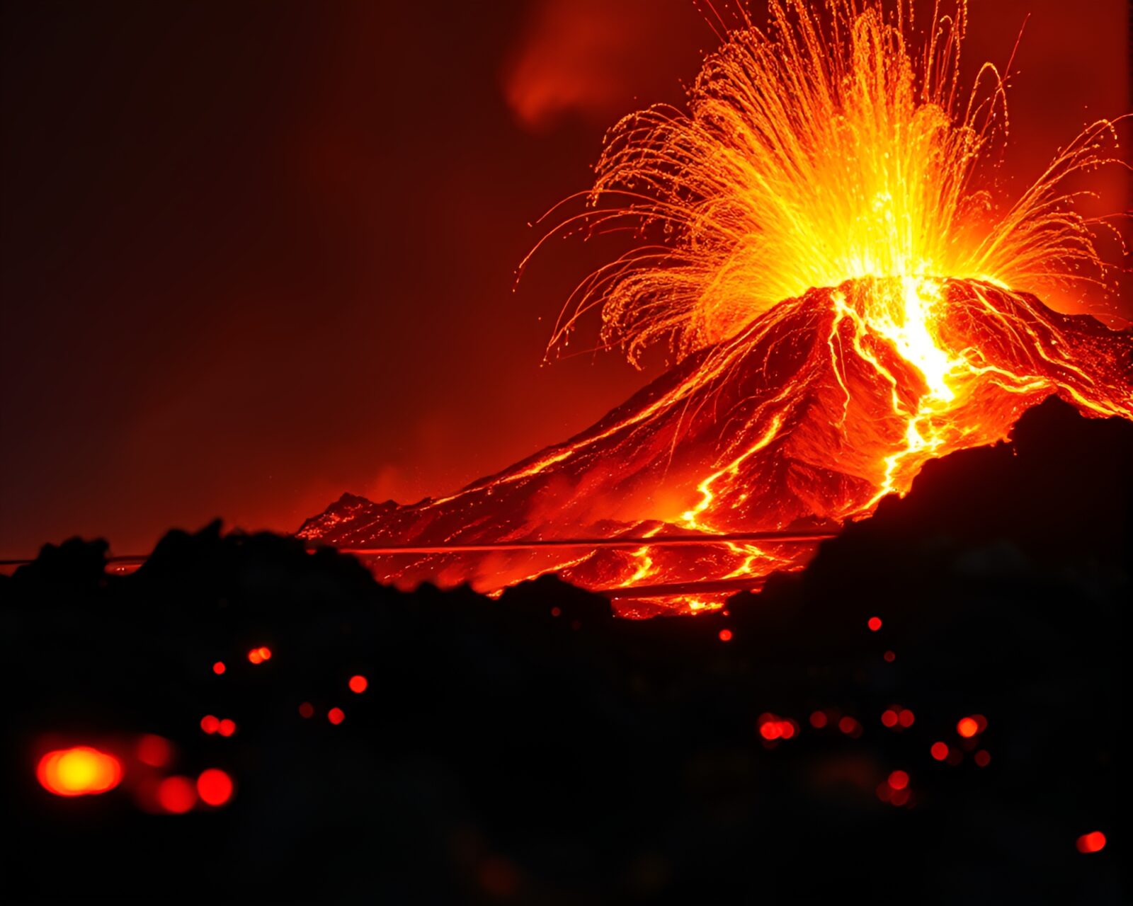 Fiery lava bursting from a volcano up close in detail