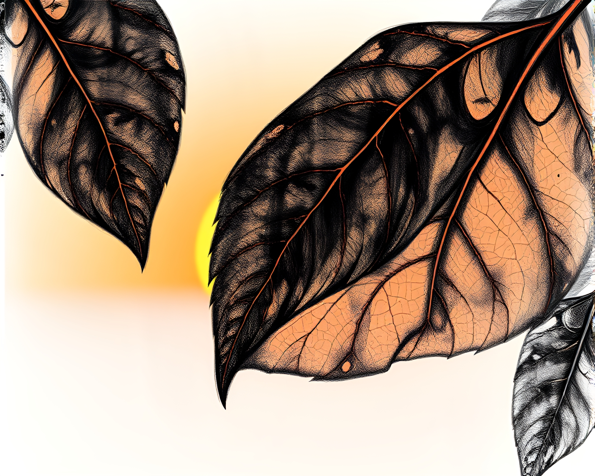 Sunset Veins: Charcoal 3D Leaf Sketch – free AI stock image