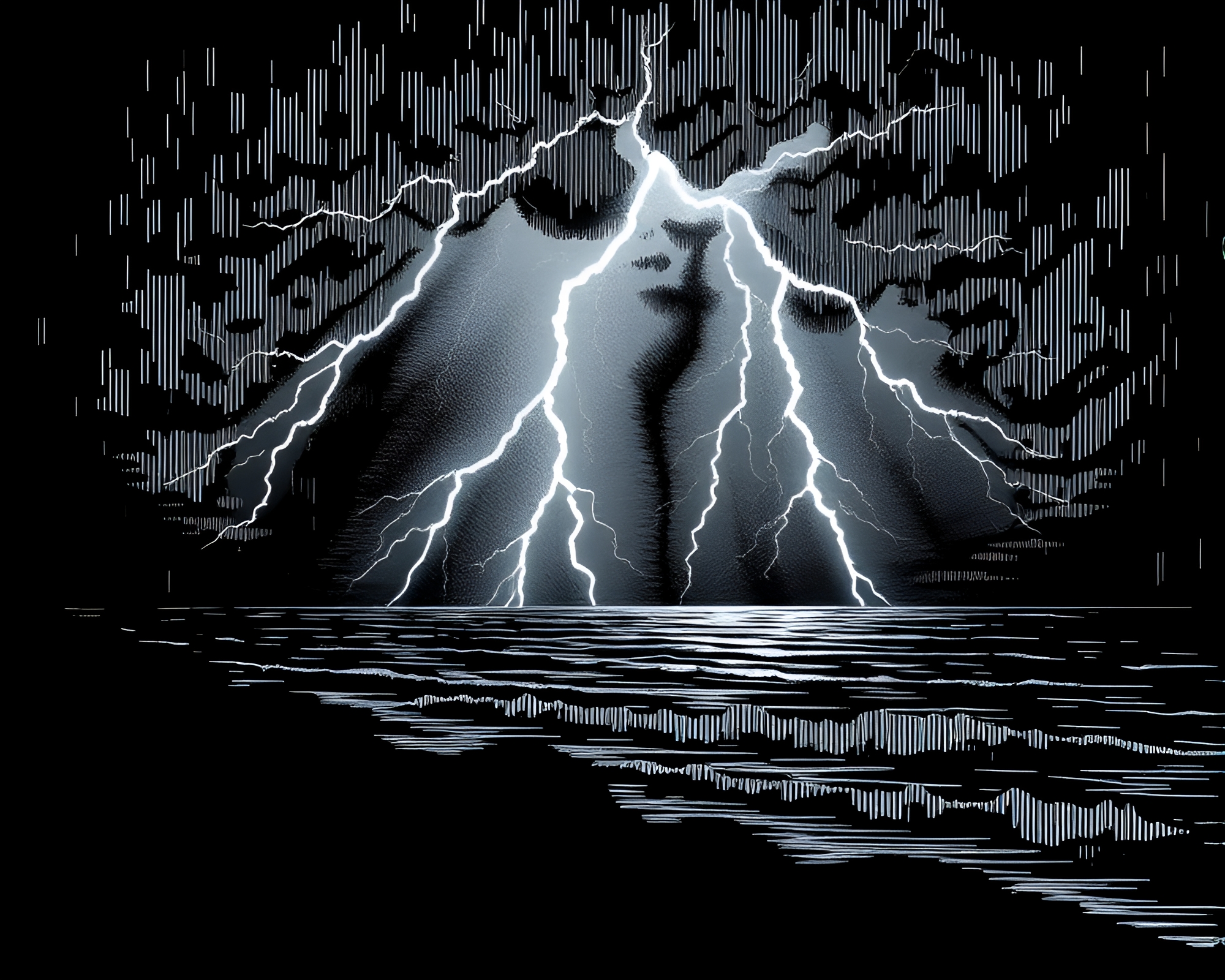 Crosshatched ASCII Thunderstorm over Ocean – free AI stock image