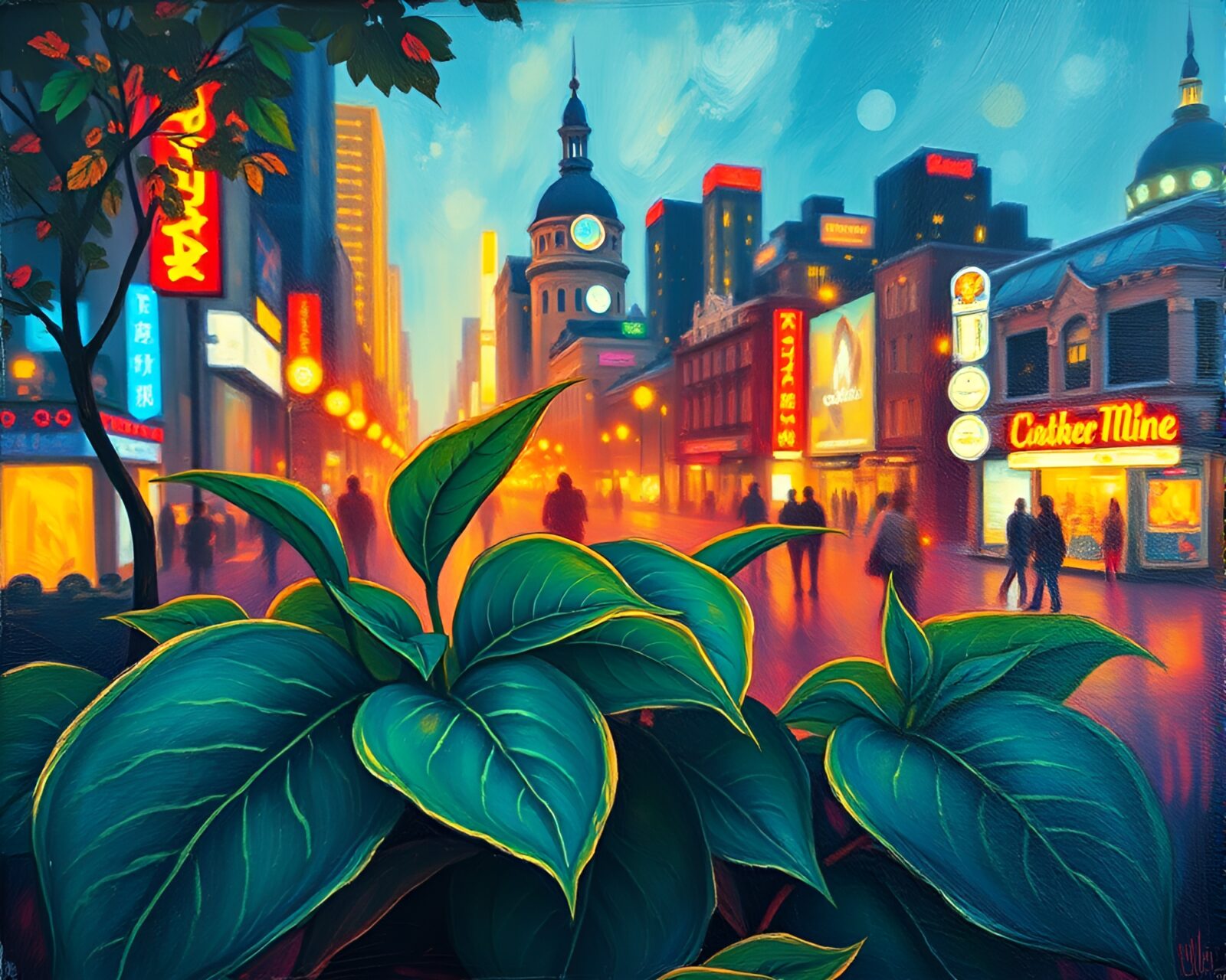 Vibrant neon lights over intricate leaf vein pattern in painted style