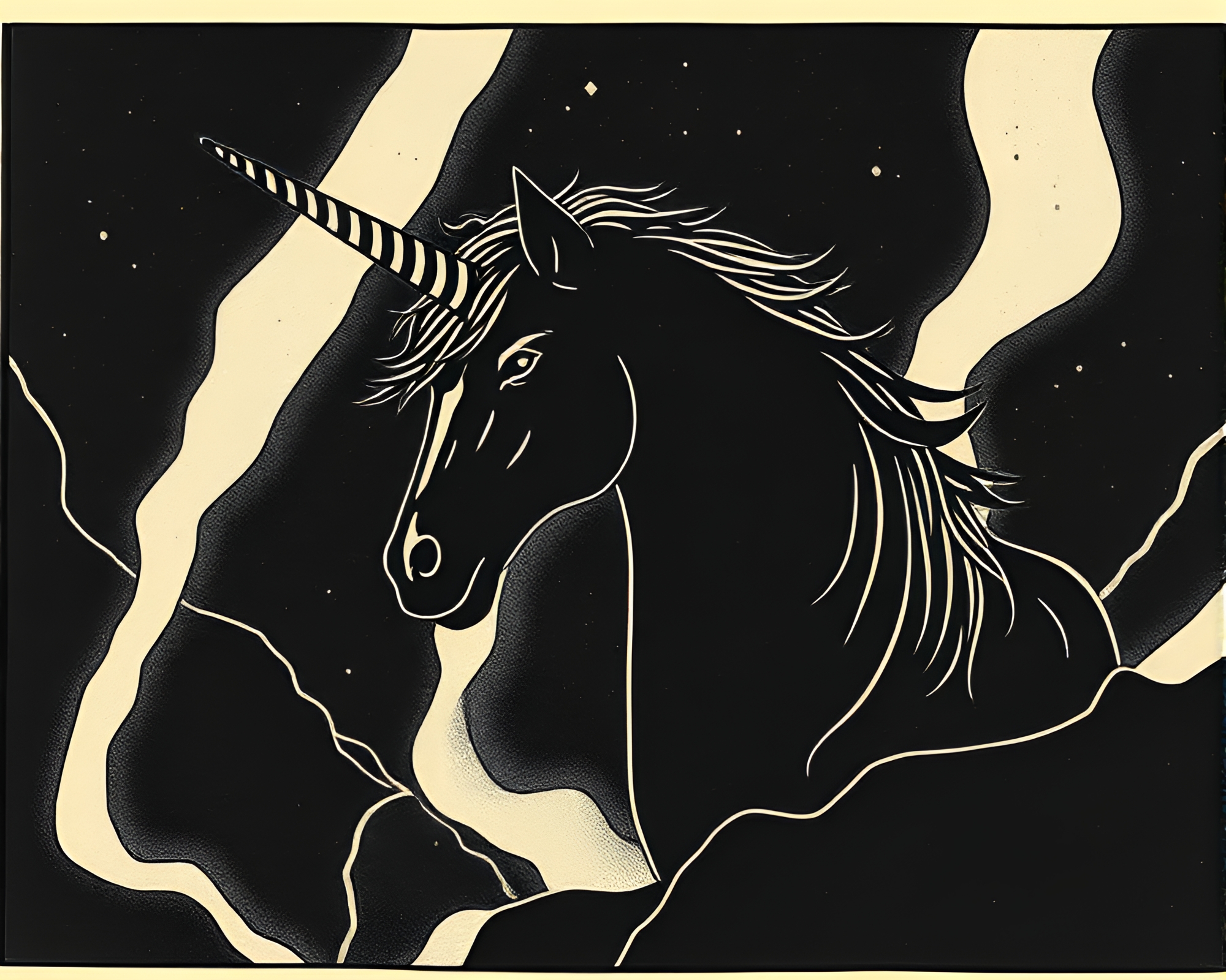 Unicorn Woodblock Print in 80s VHS Noir Style – free AI stock image
