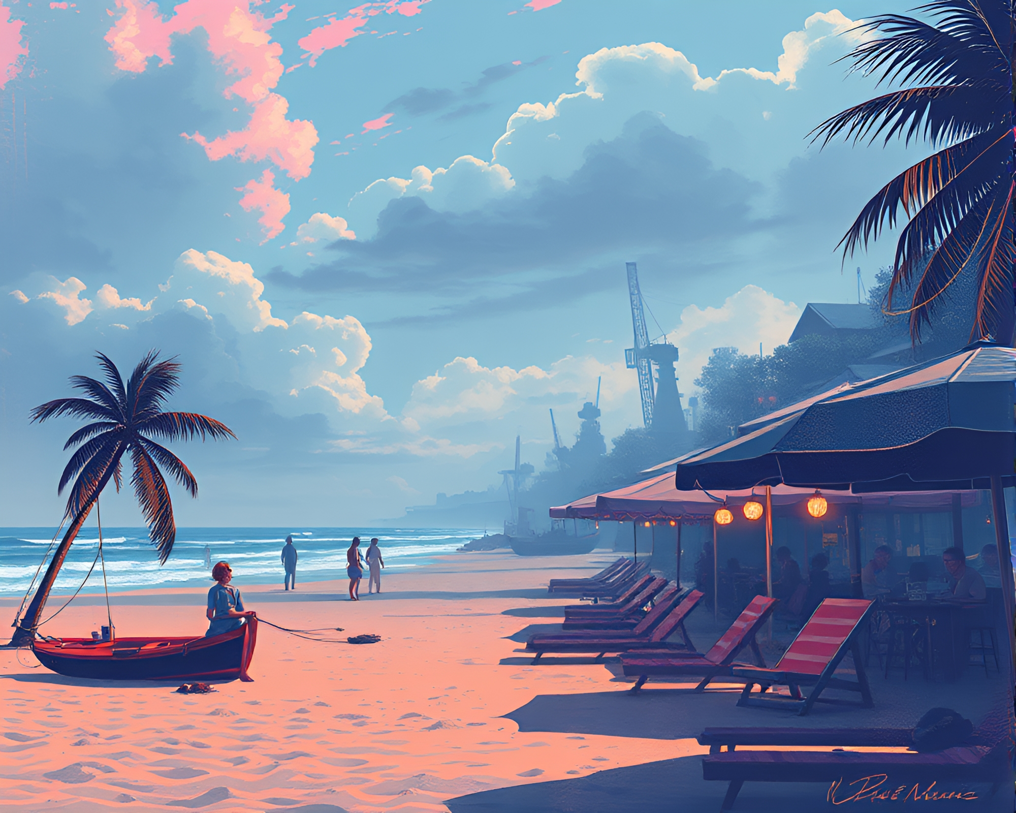 Dutch Angle Cyberpunk Beach Scene – free AI stock image