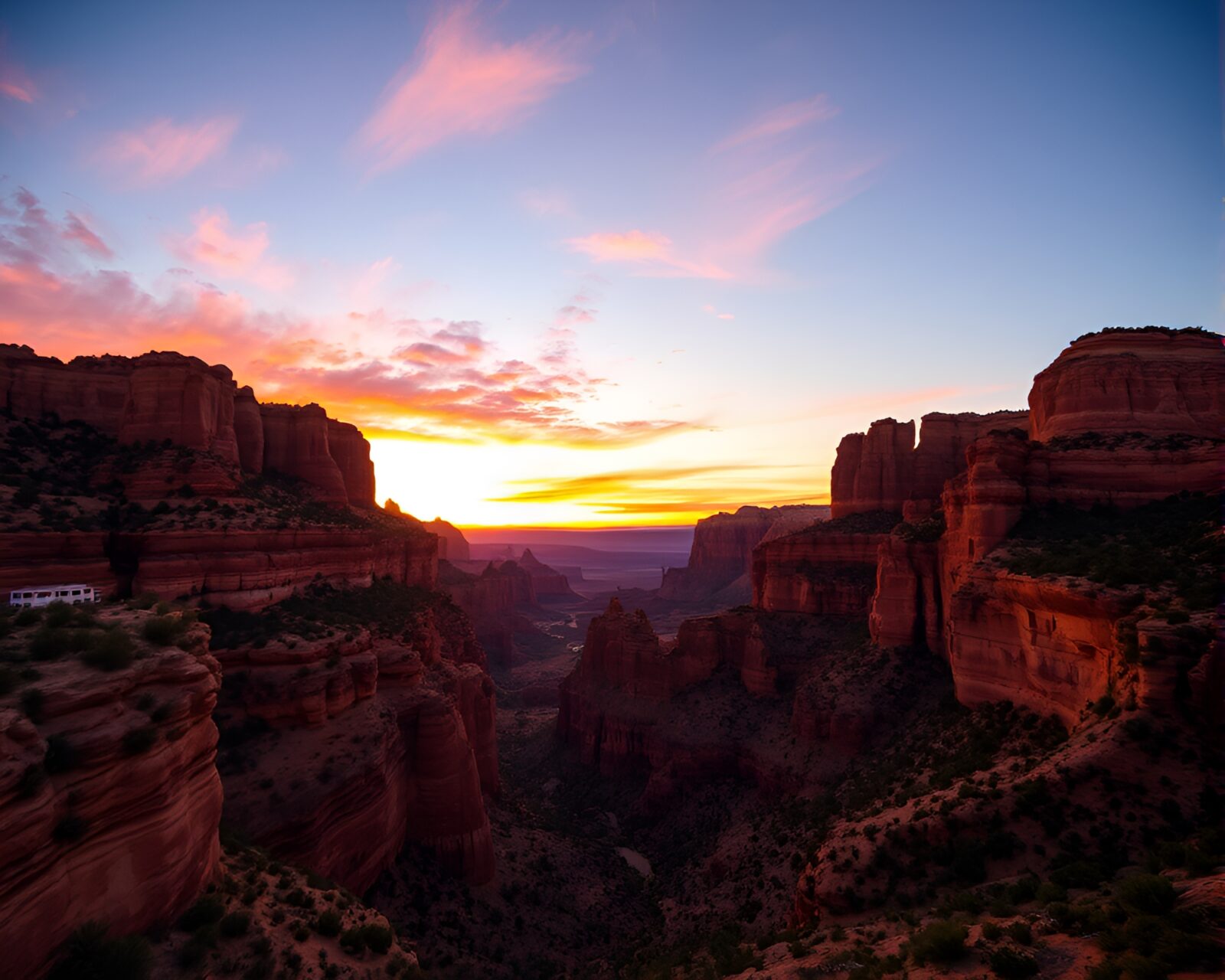 Warm sunset colors reflecting on distorted glass canyon.