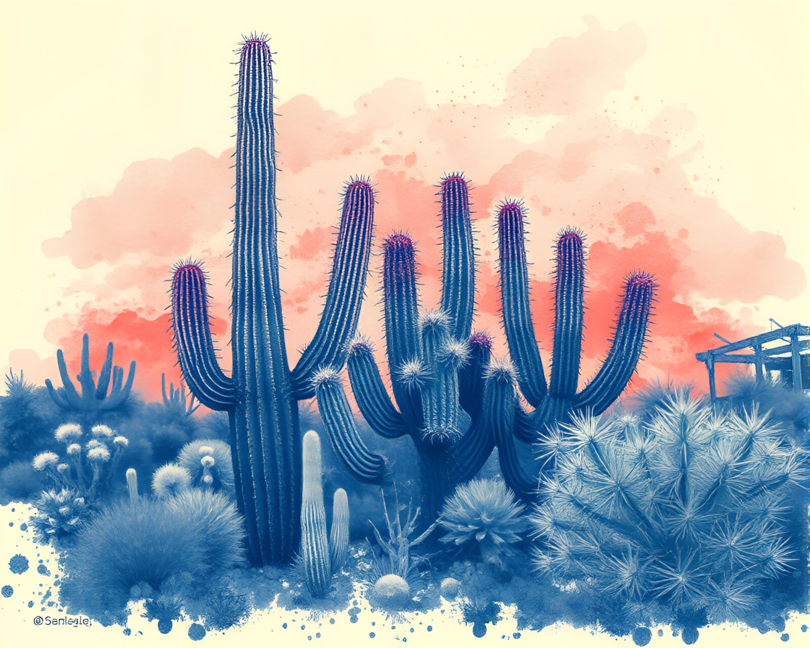 Ink wash street art of red-blue desert cactus scene