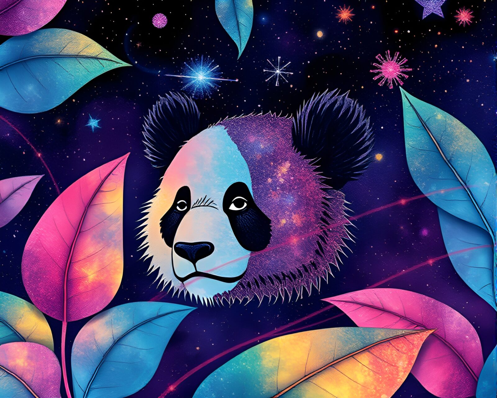 Panda amidst intricate leaf vein pattern in cosmic hues