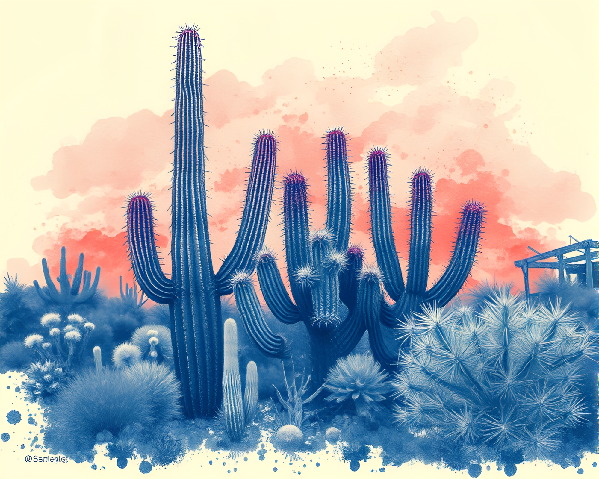 Duotone Desert Cactus Street Art – free AI stock image