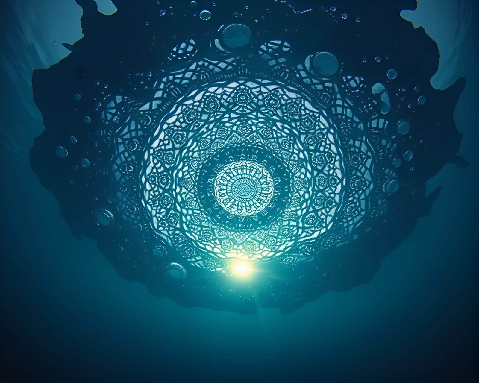 Majestic underwater scene at dawn with detailed calligraphic designs