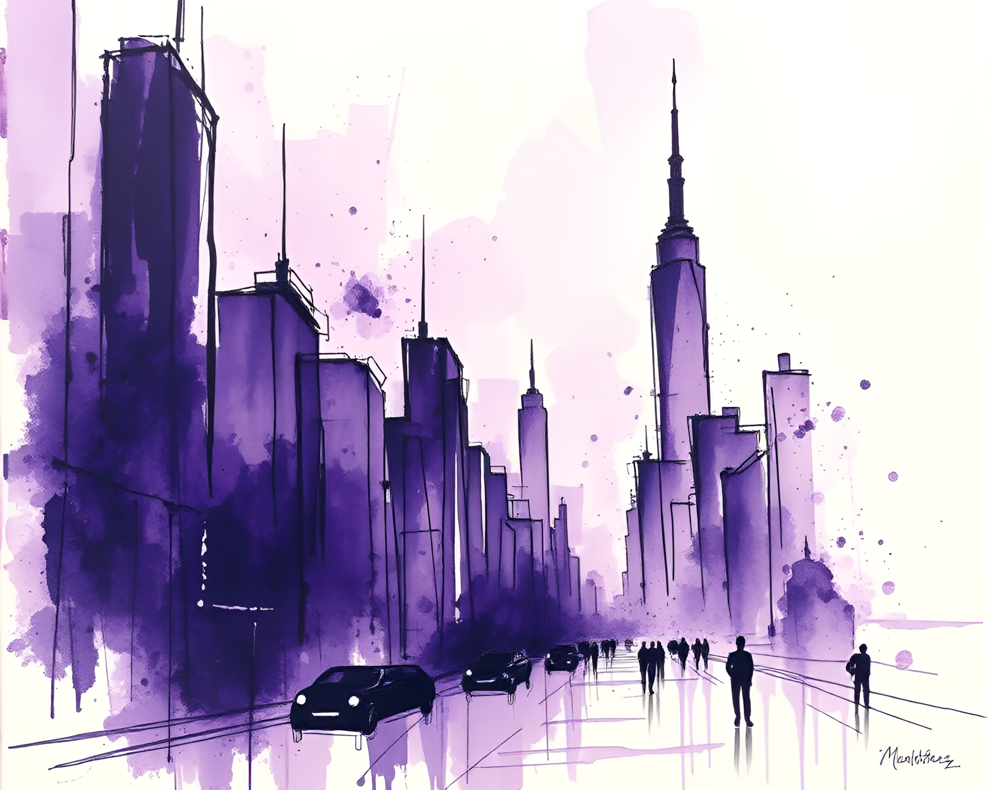 Futuristic Amethyst Cityscape with Expressionist Ink Splashes – free AI stock image
