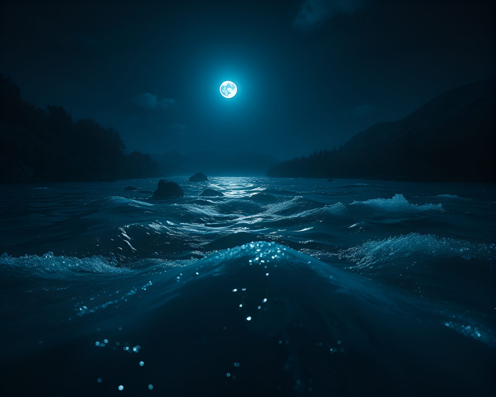 A fantastical scene of a Djinn appearing in rippling water under the moonlight
