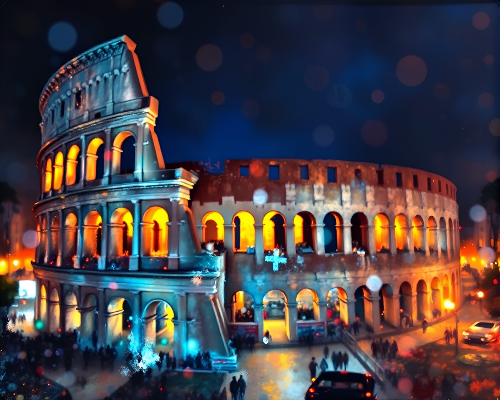 Abstract impressionist painting of Roman coliseum in holographic specks