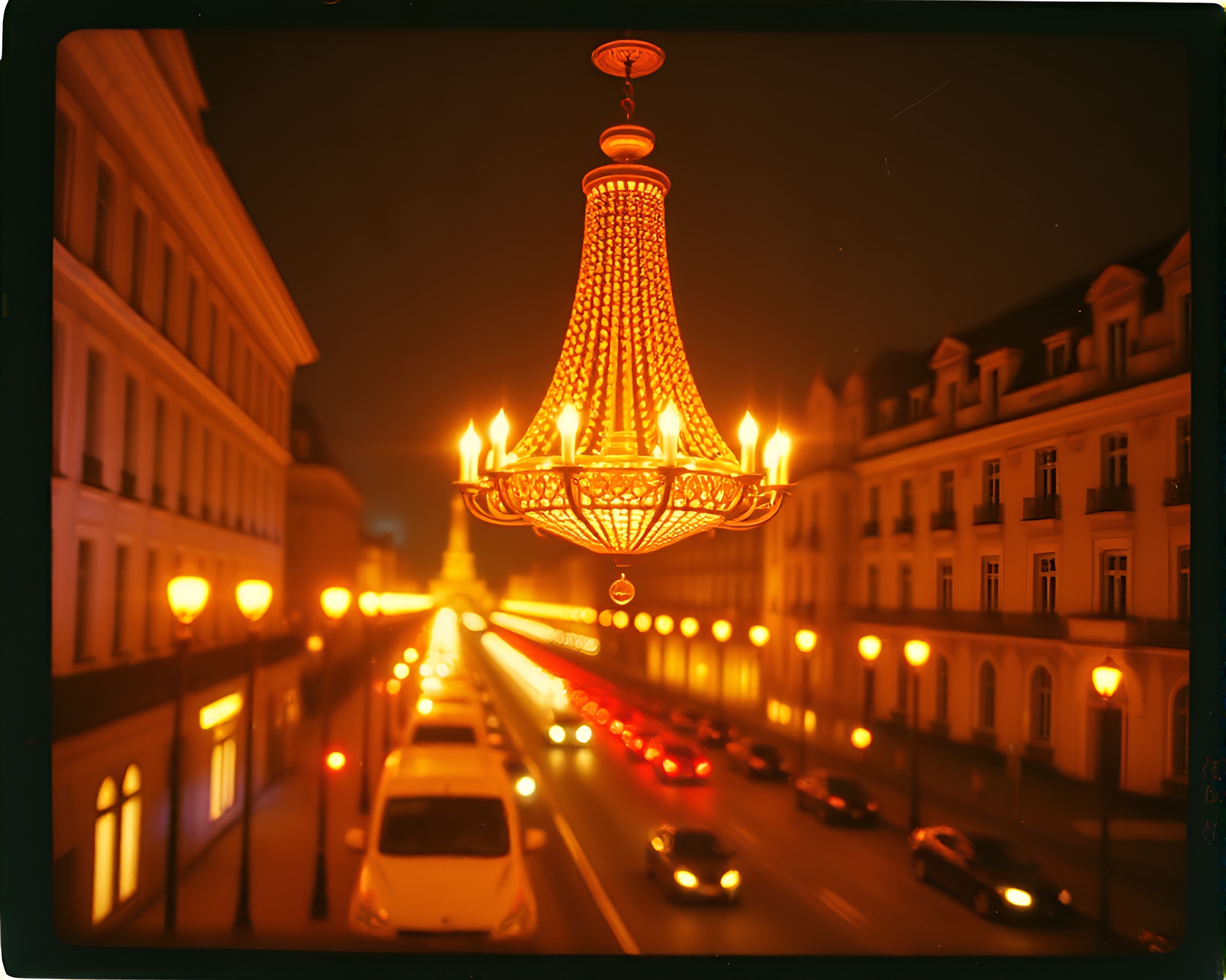 Gothic Chandelier Reflected in City Lights Polaroid Frame – free AI stock image