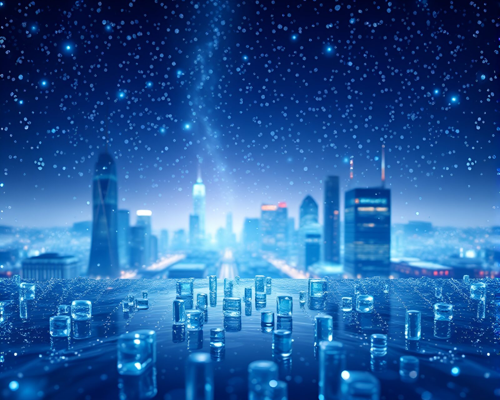Starlit sky shimmering through glass beads in a digital city