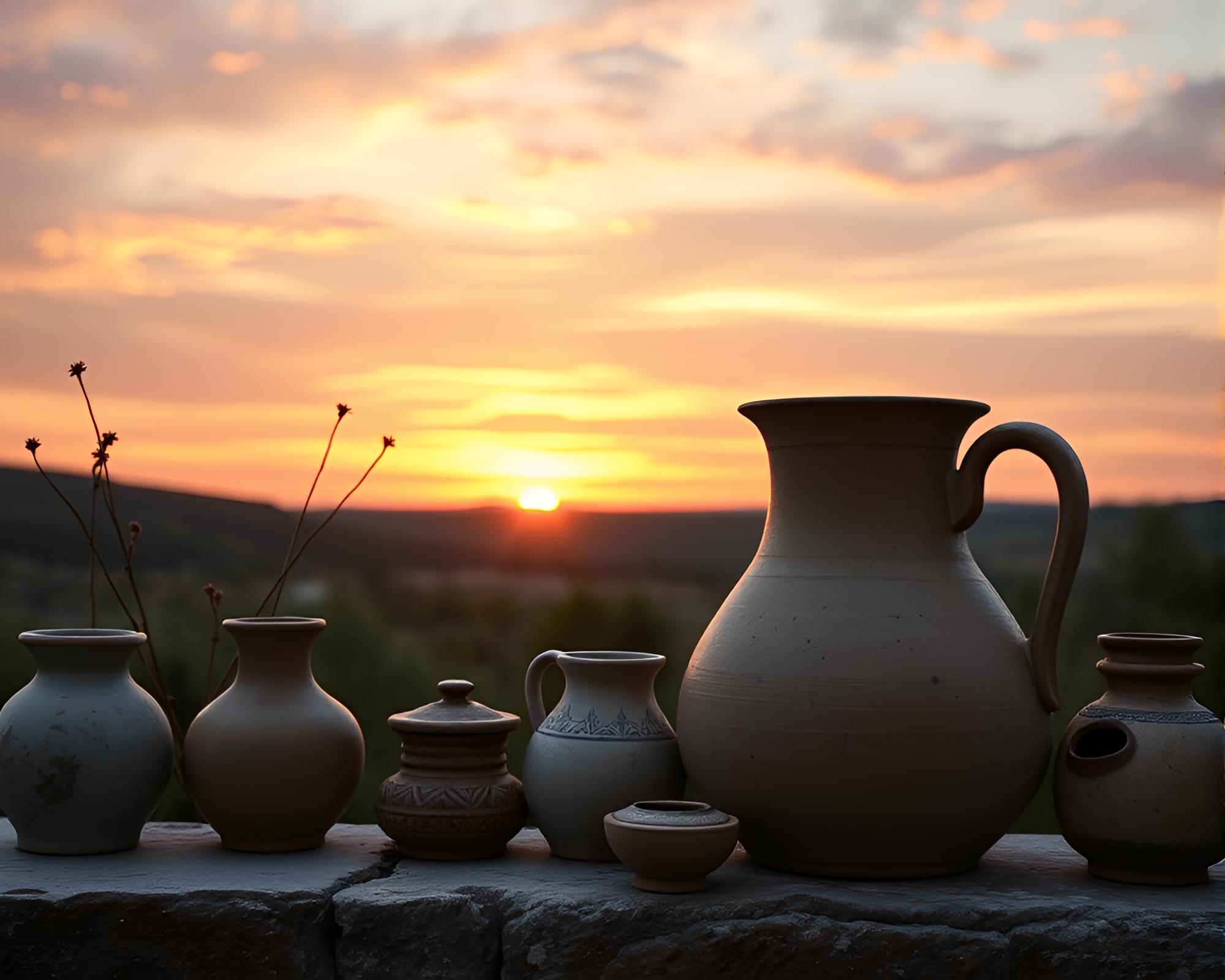 Rustic Pottery at Sunrise: Noir Elegance Vignette – free AI stock image