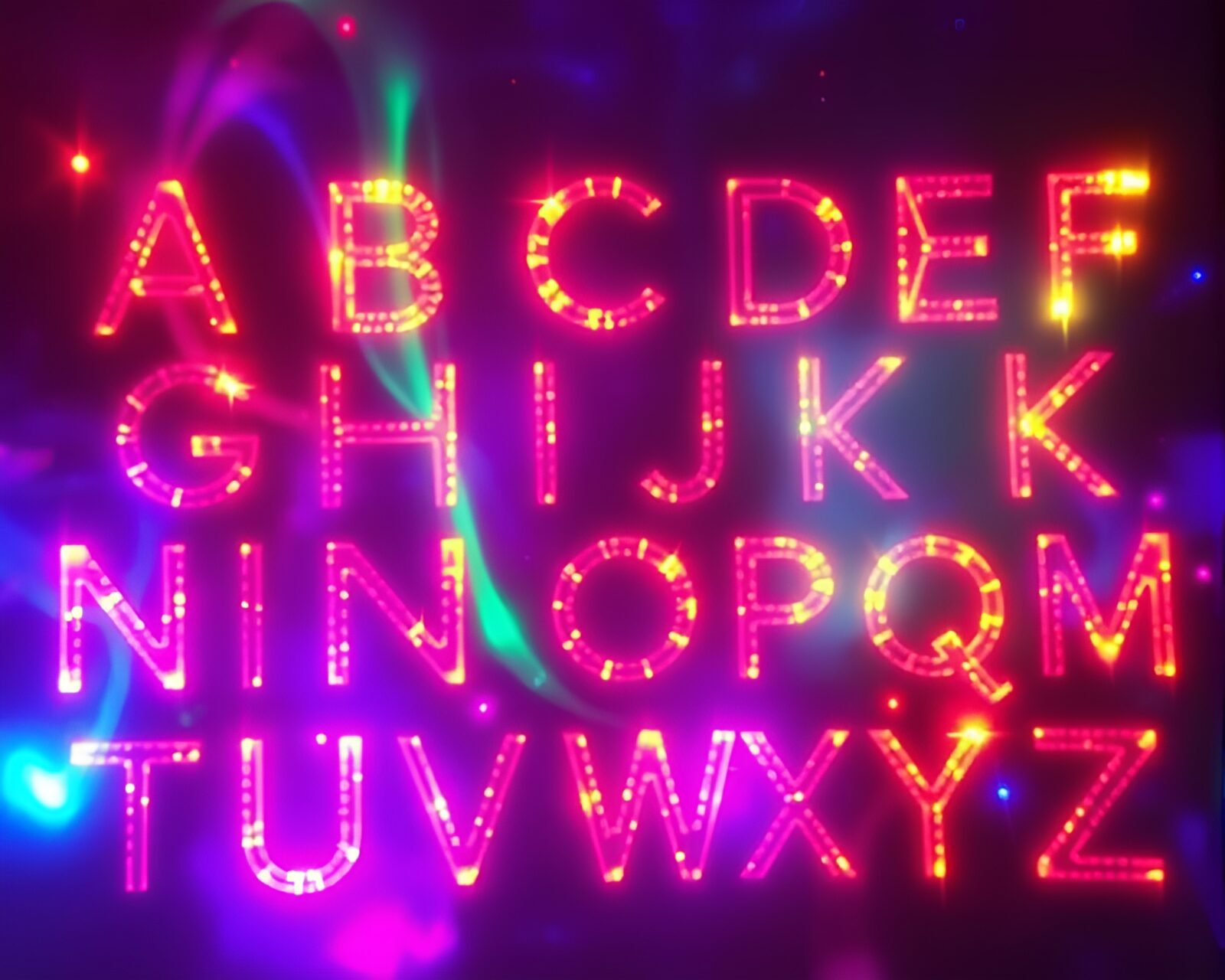 Vibrant jewel-toned screen print of ancient runic alphabet with film burn effects