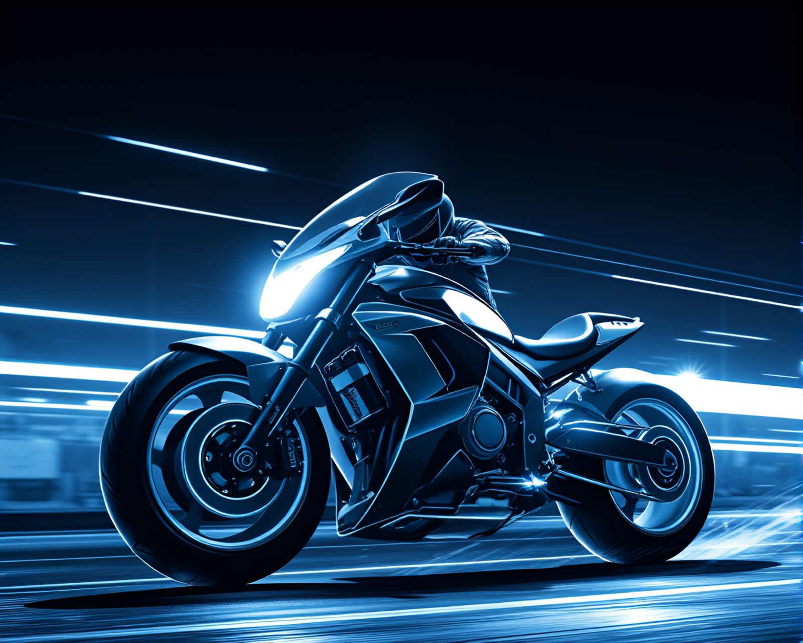 Futuristic cel-shaded hoverbike speeding under blue light leaks