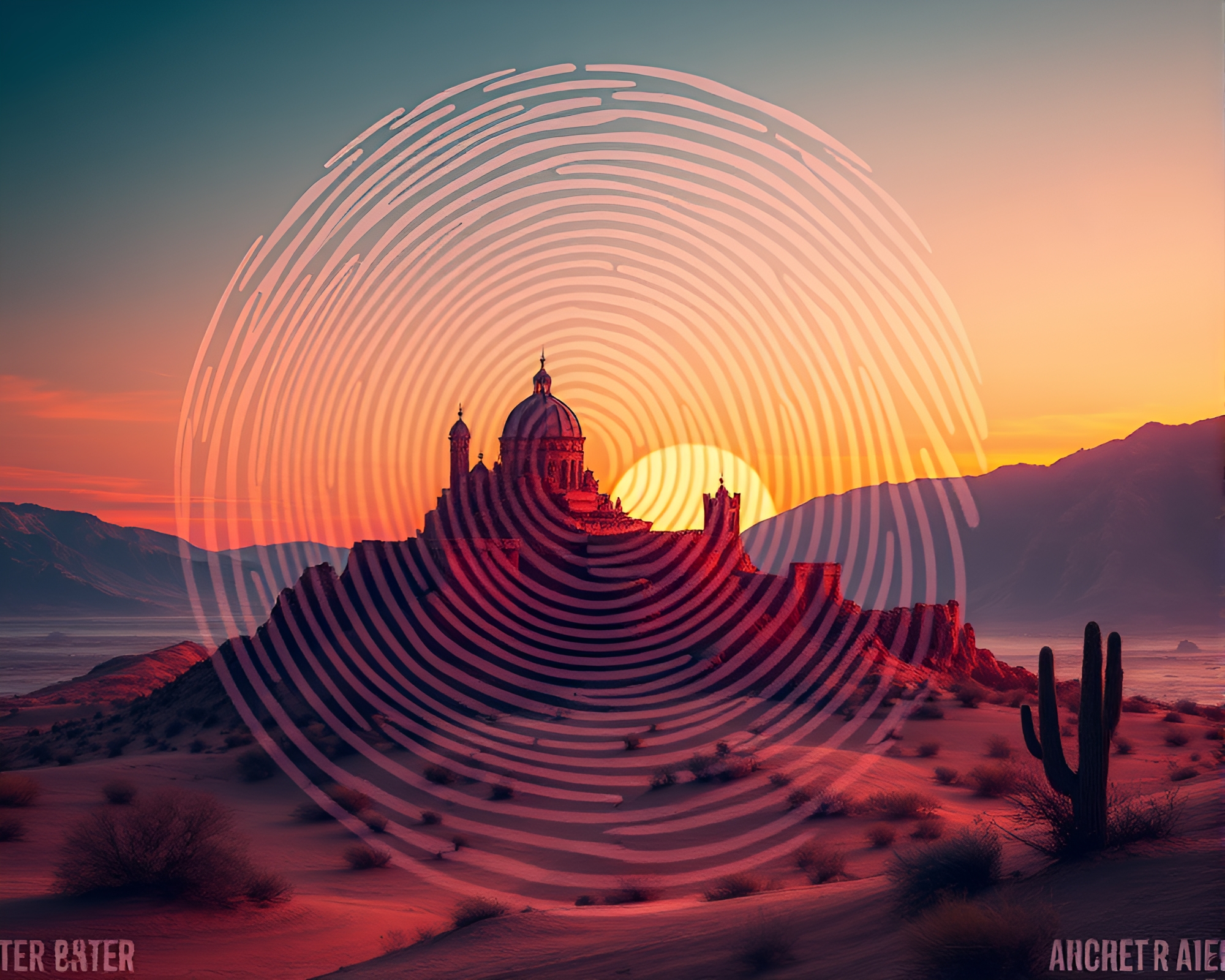 Swirling fingerprints at abandoned castle under sunset glitch – free AI stock image