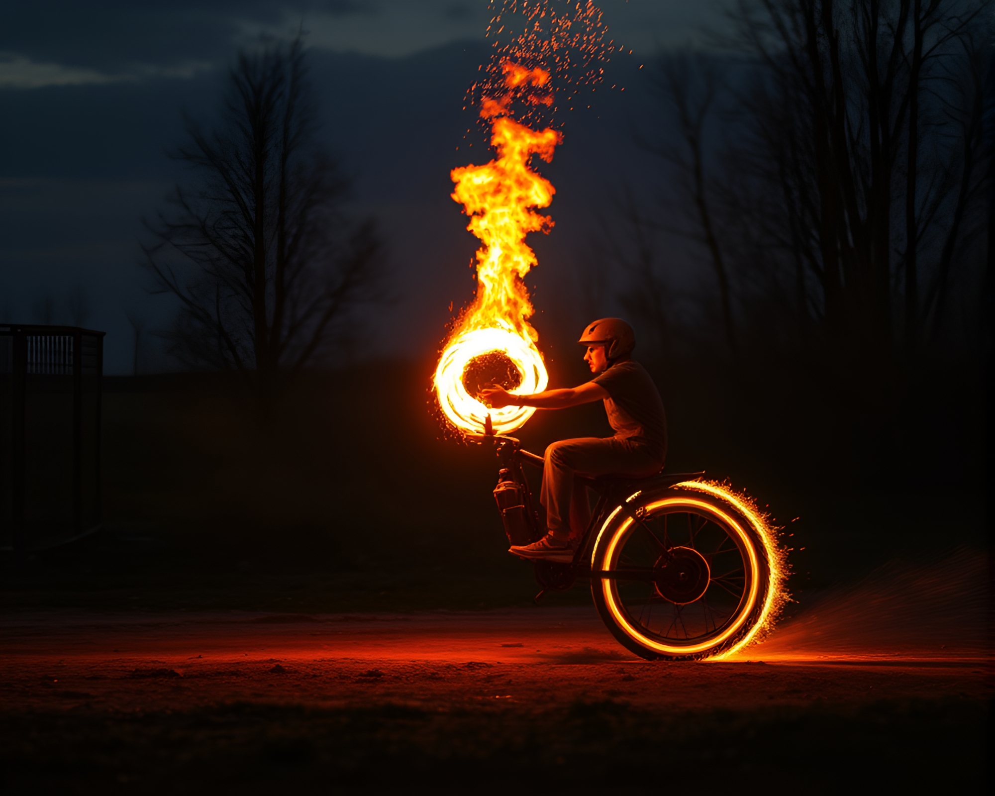 Hoverbike golden spiral by bonfire under slow shutter – free AI stock image