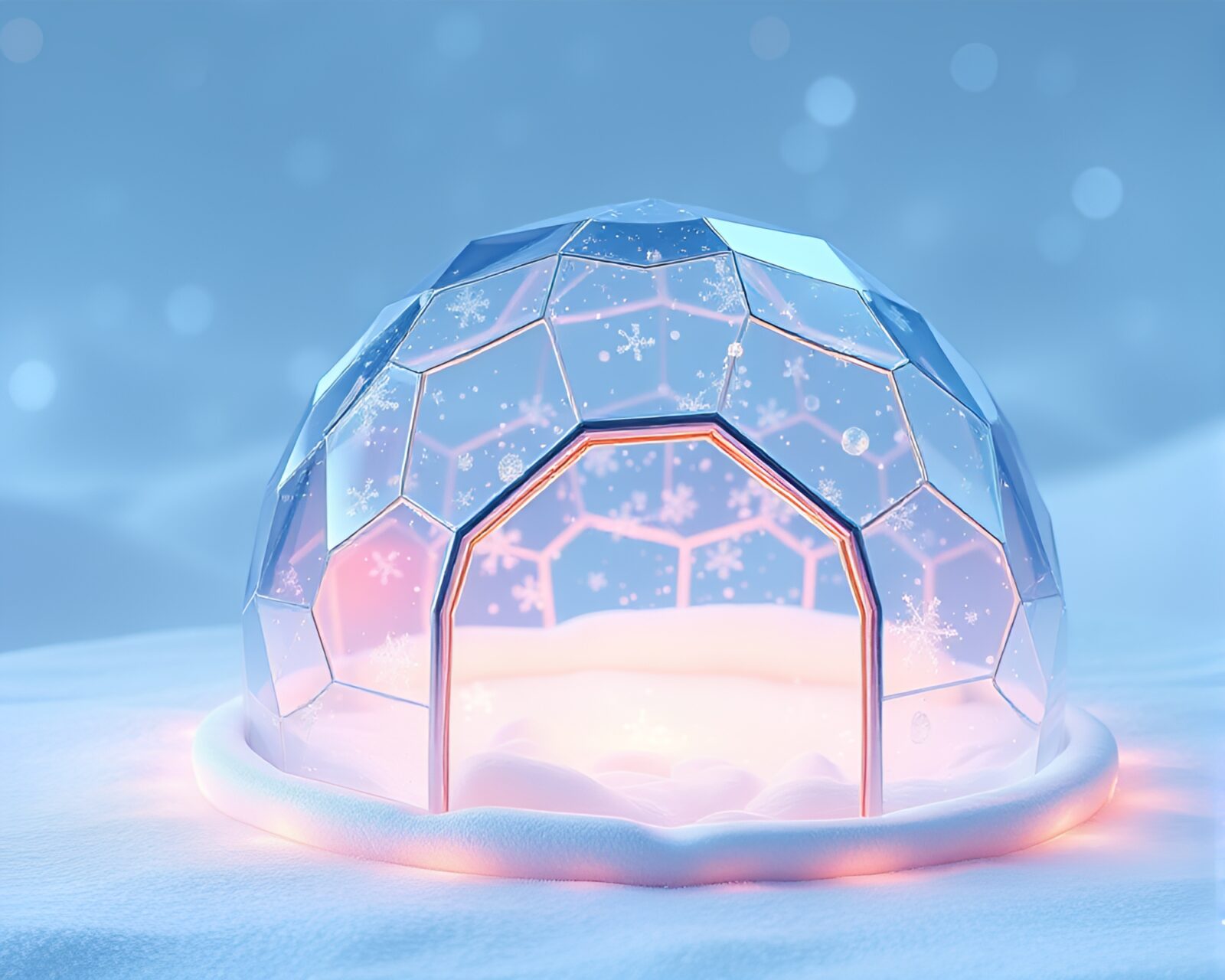 Low-poly 3D render of a glass igloo shimmering with snowflakes