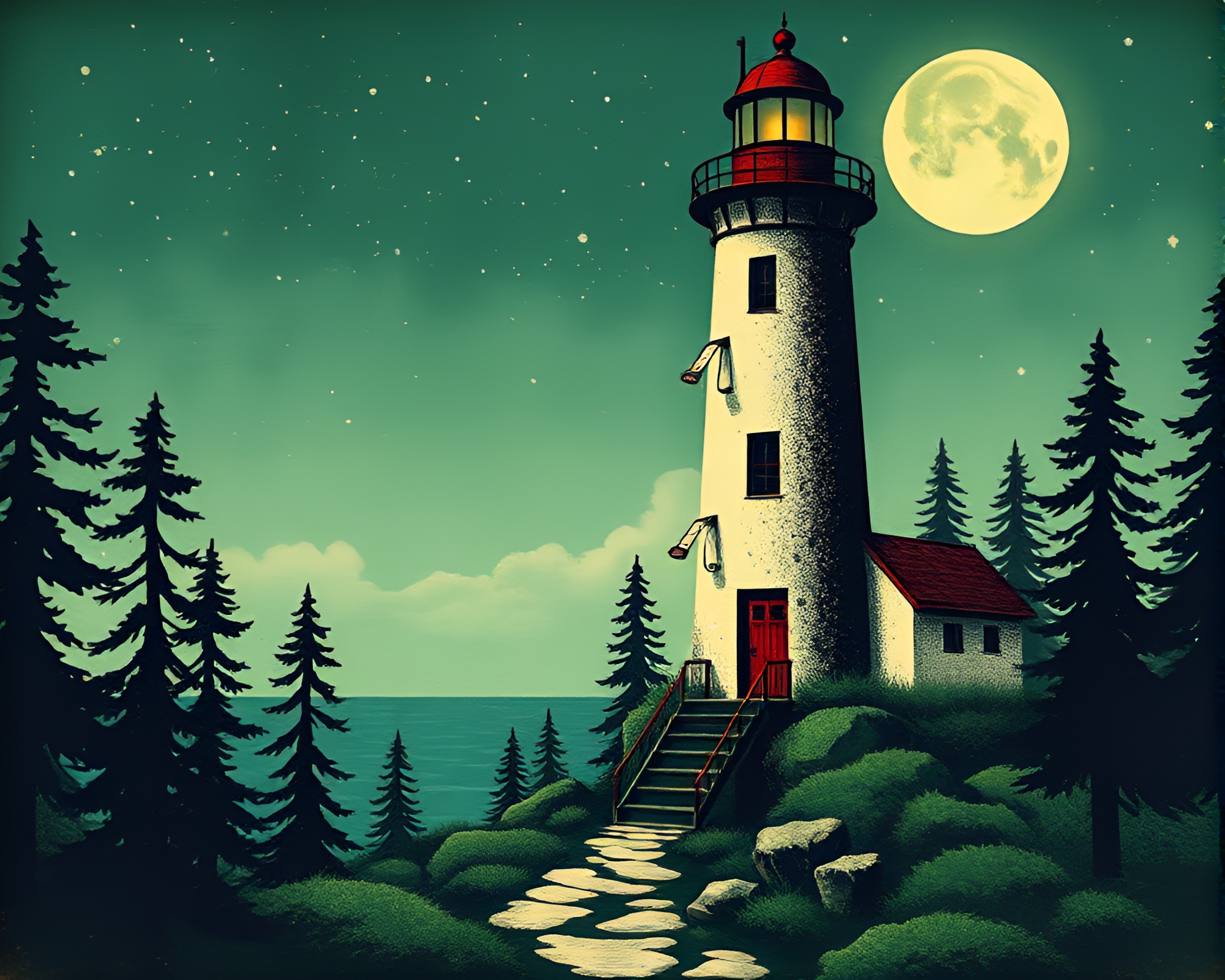 Enchanted Green Forest Collage of Abandoned Lighthouse Woodblock Print Marks – free AI stock image