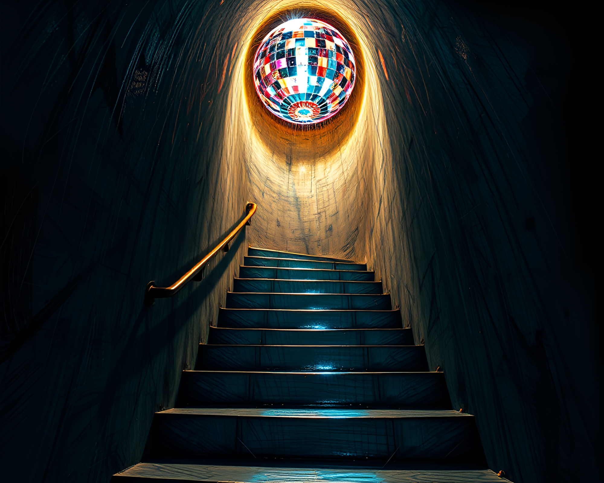 Psychedelic Escher Staircase with Disco Ball Illumination – free AI stock image