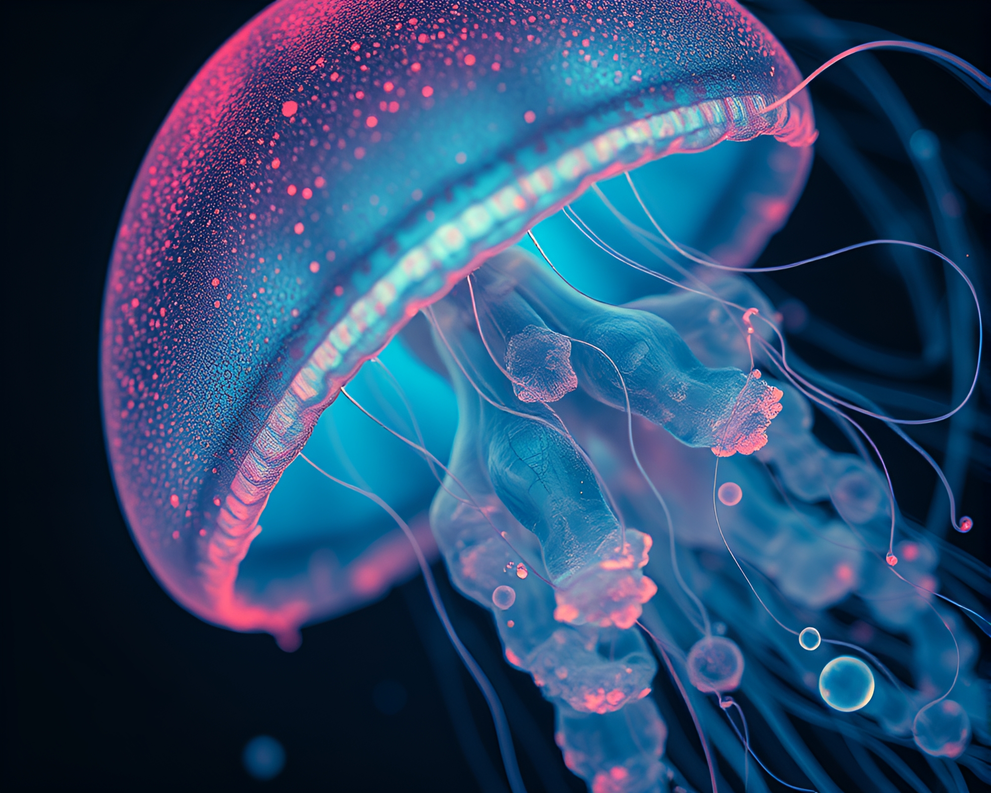 Bioluminescent Jellyfish Macro Etching with Retro Scanlines – free AI stock image