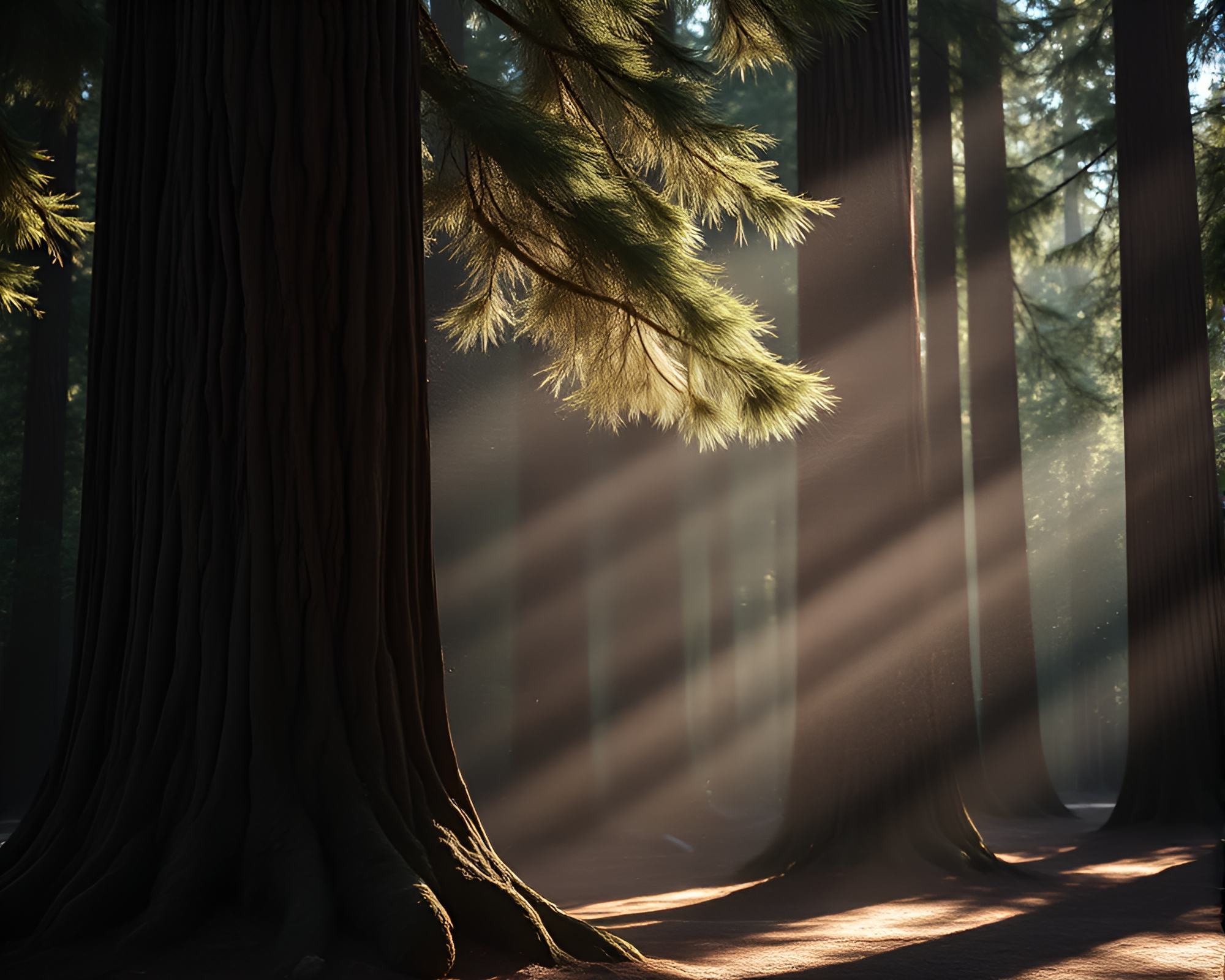 Feather dusting in redwood forest – free AI stock image