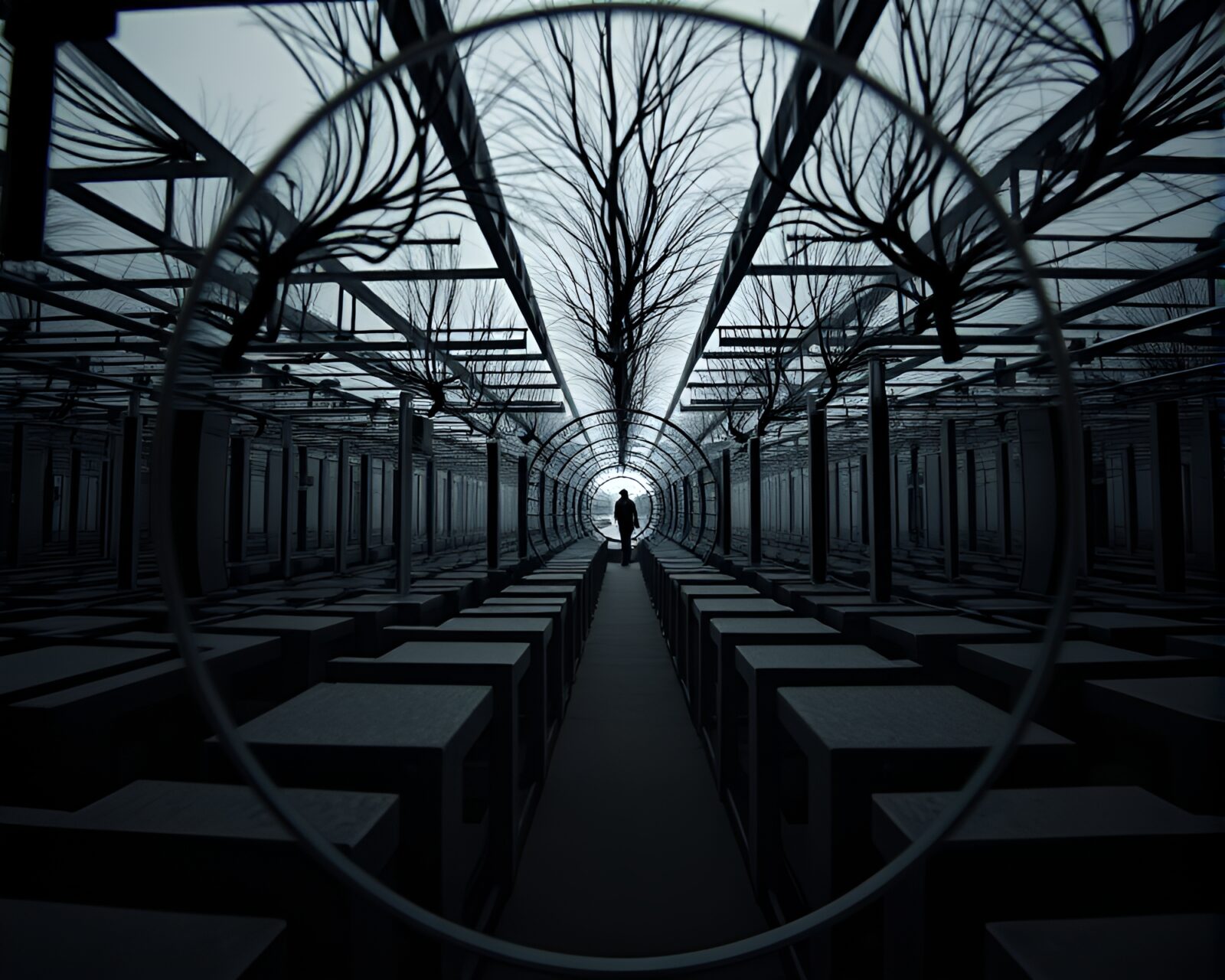 Artistic image of mirror maze with off-center subject