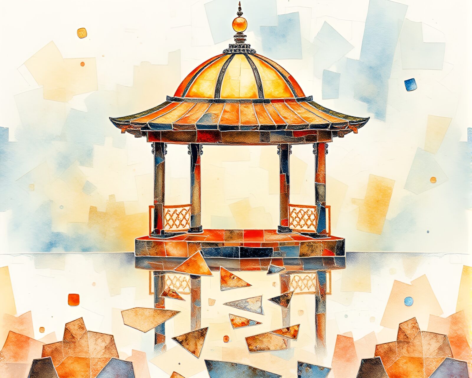 A serene watercolor painting of a floating structure amidst fragmented mosaics.