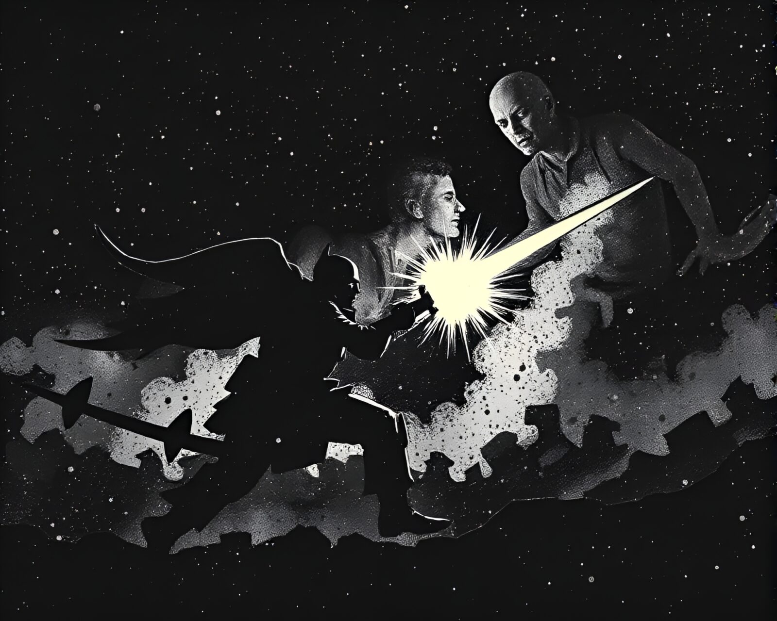 Shadowy battle mech in trompe-l'oeil style screenprint dots