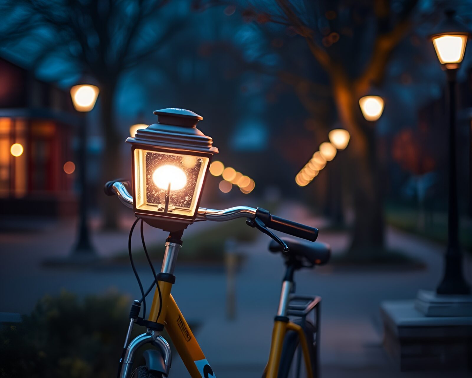Medium shot of solar-powered bike in warm library light