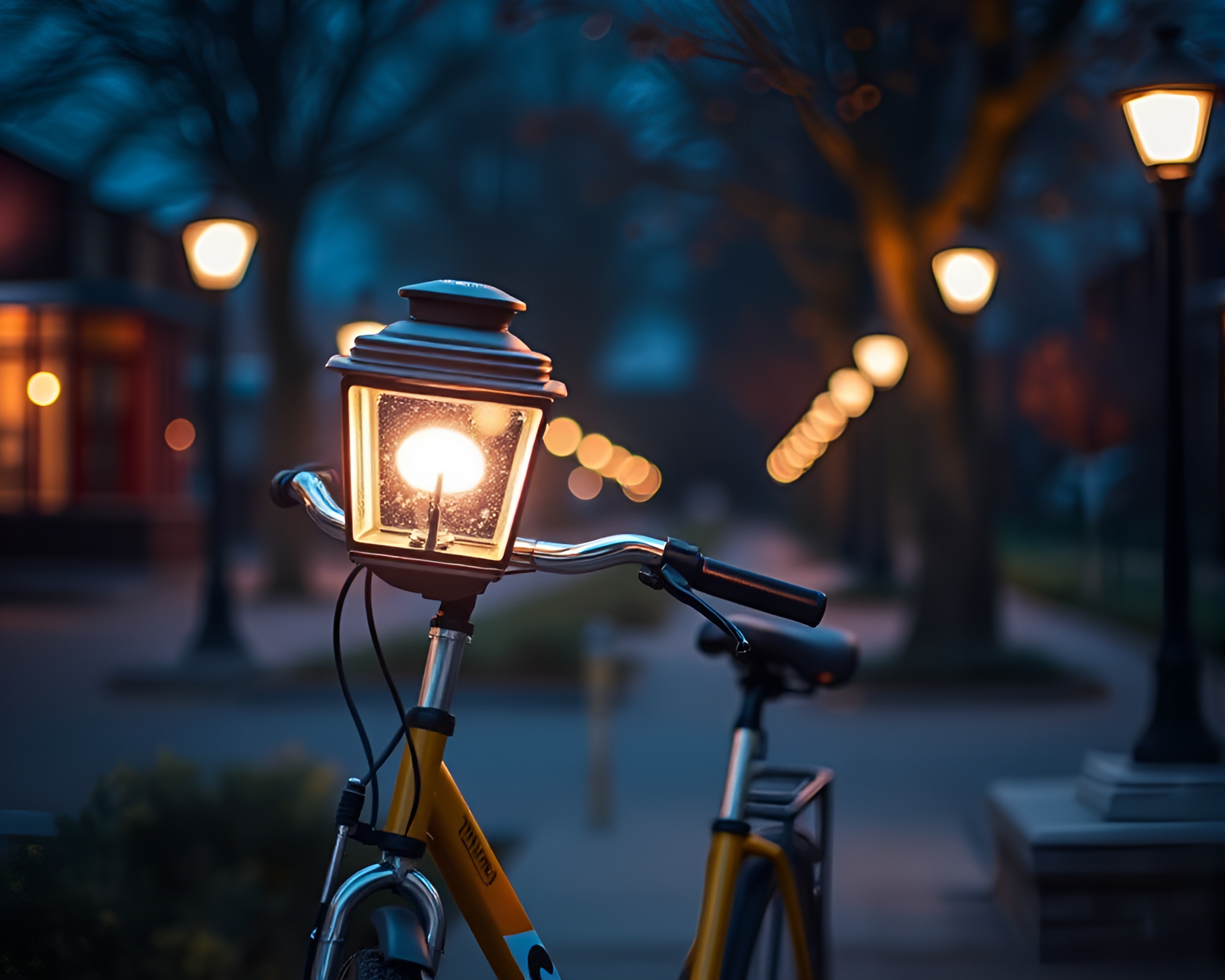 Solar-Powered Bike in Soft Library Lamp Glow – free AI stock image