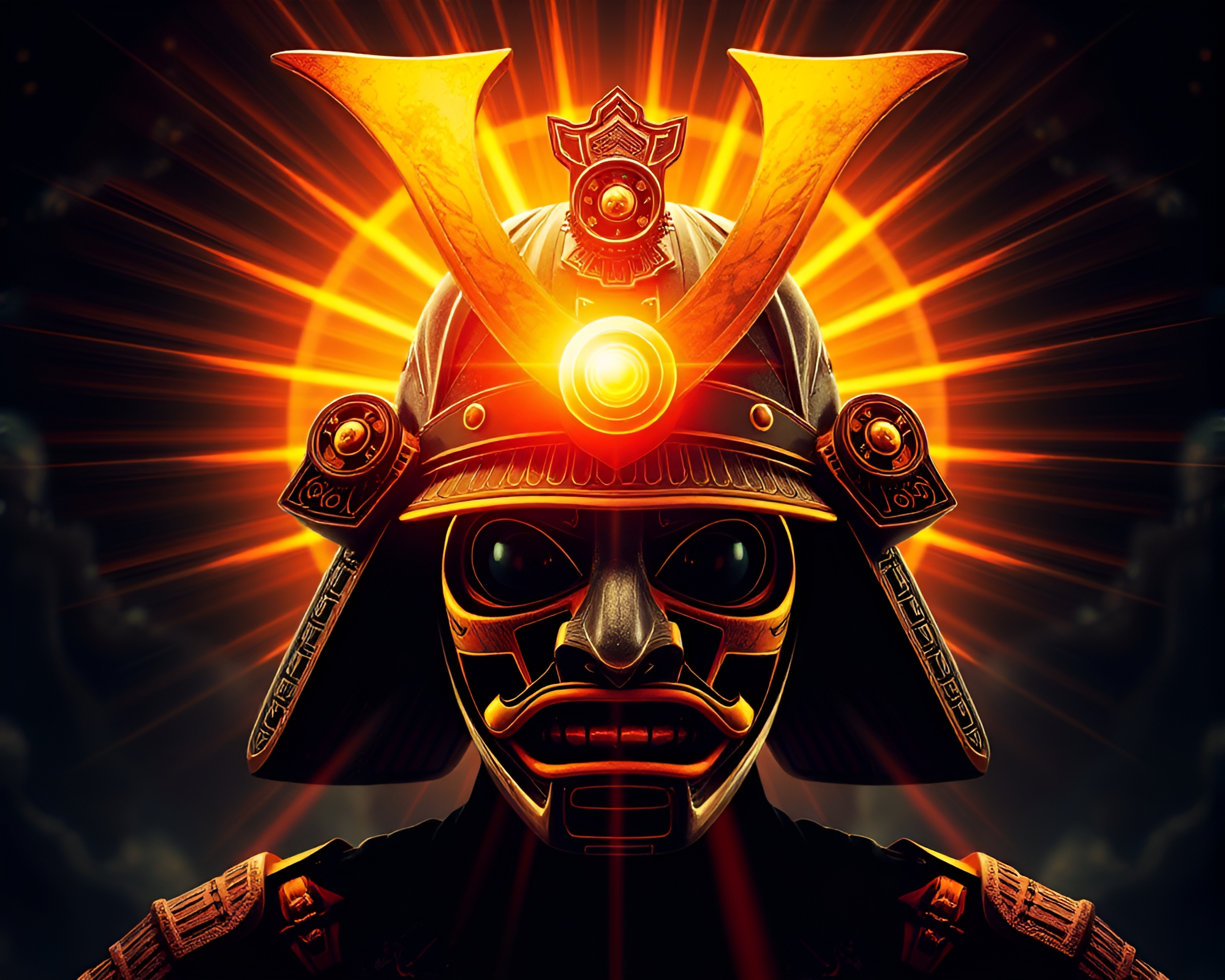 Samurai Helmet Radiates Fractal Sunburst Glow – free AI stock image