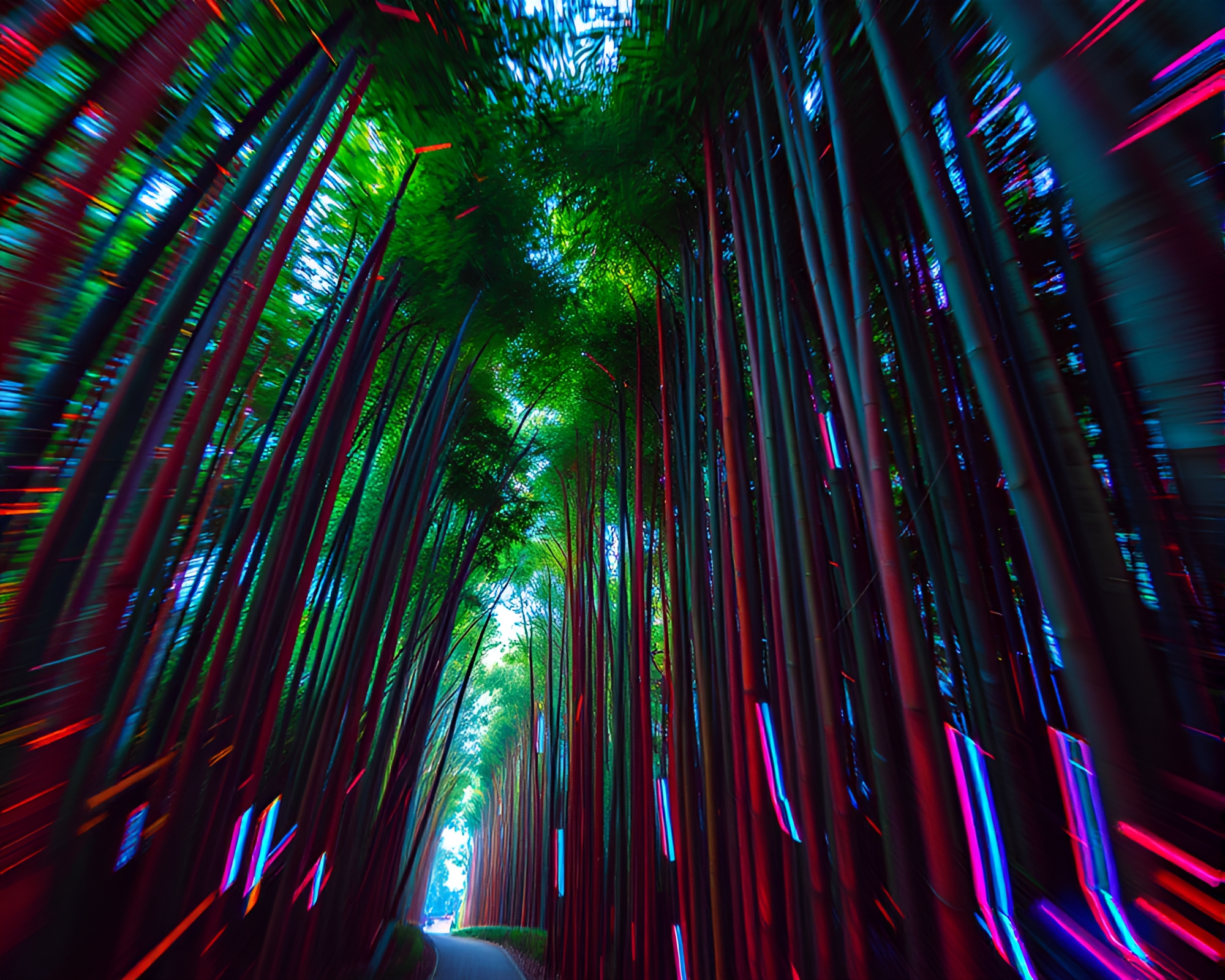 Neon Bamboo Grove with Glitch Art Lens Distortion – free AI stock image