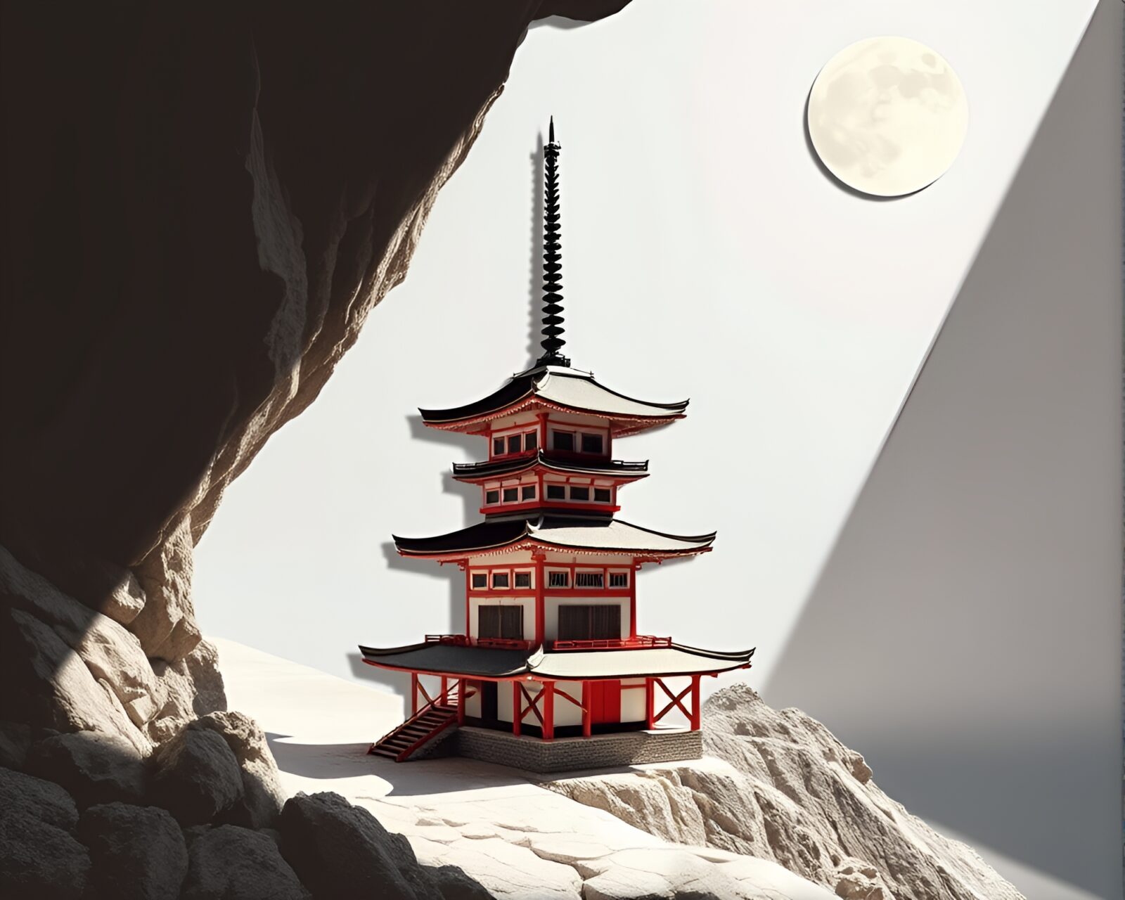 Surreal anaglyph 3D collage of a pagoda on cliffside