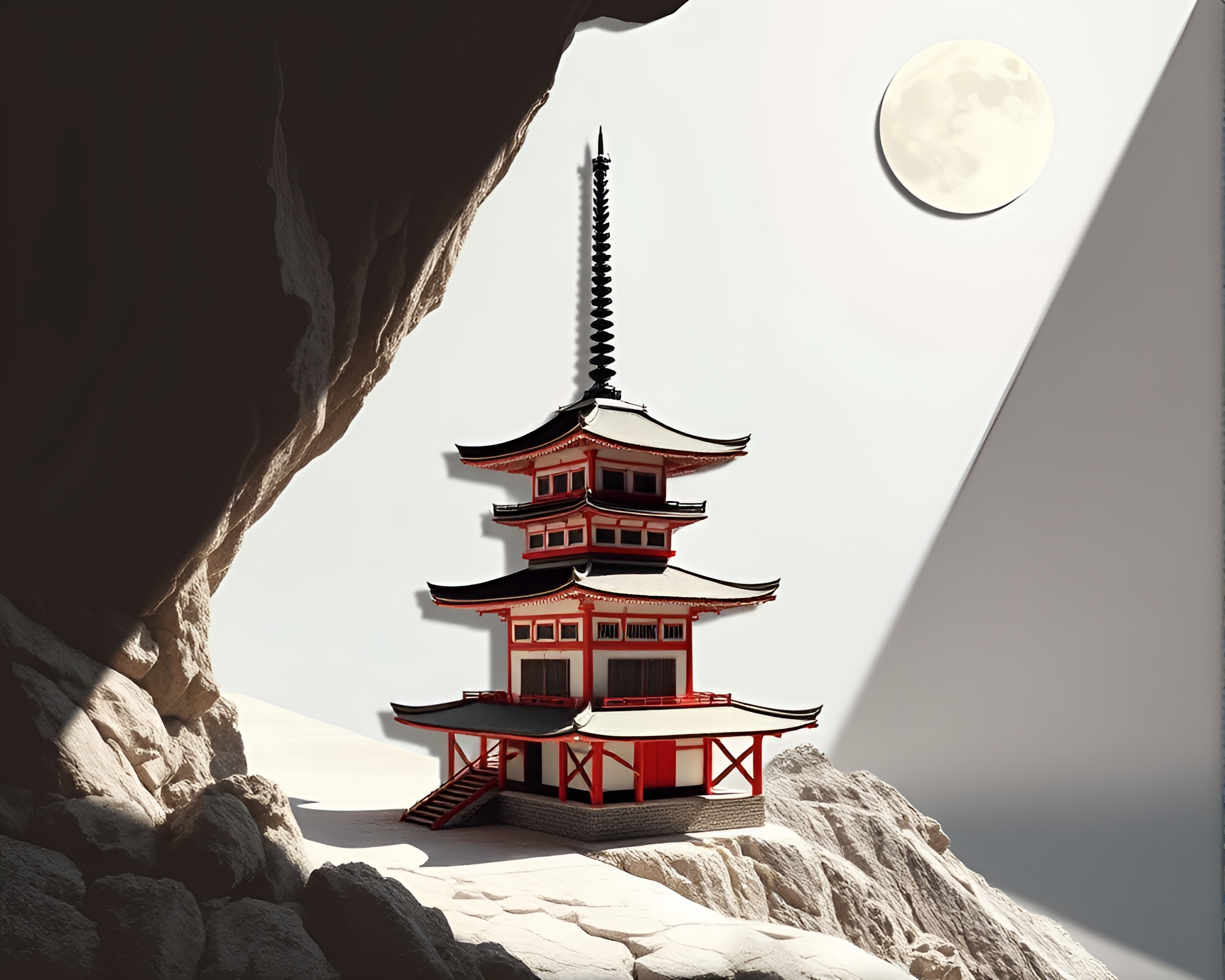 Pagoda Shadows: Anaglyph 3D Cliffside Collage – free AI stock image
