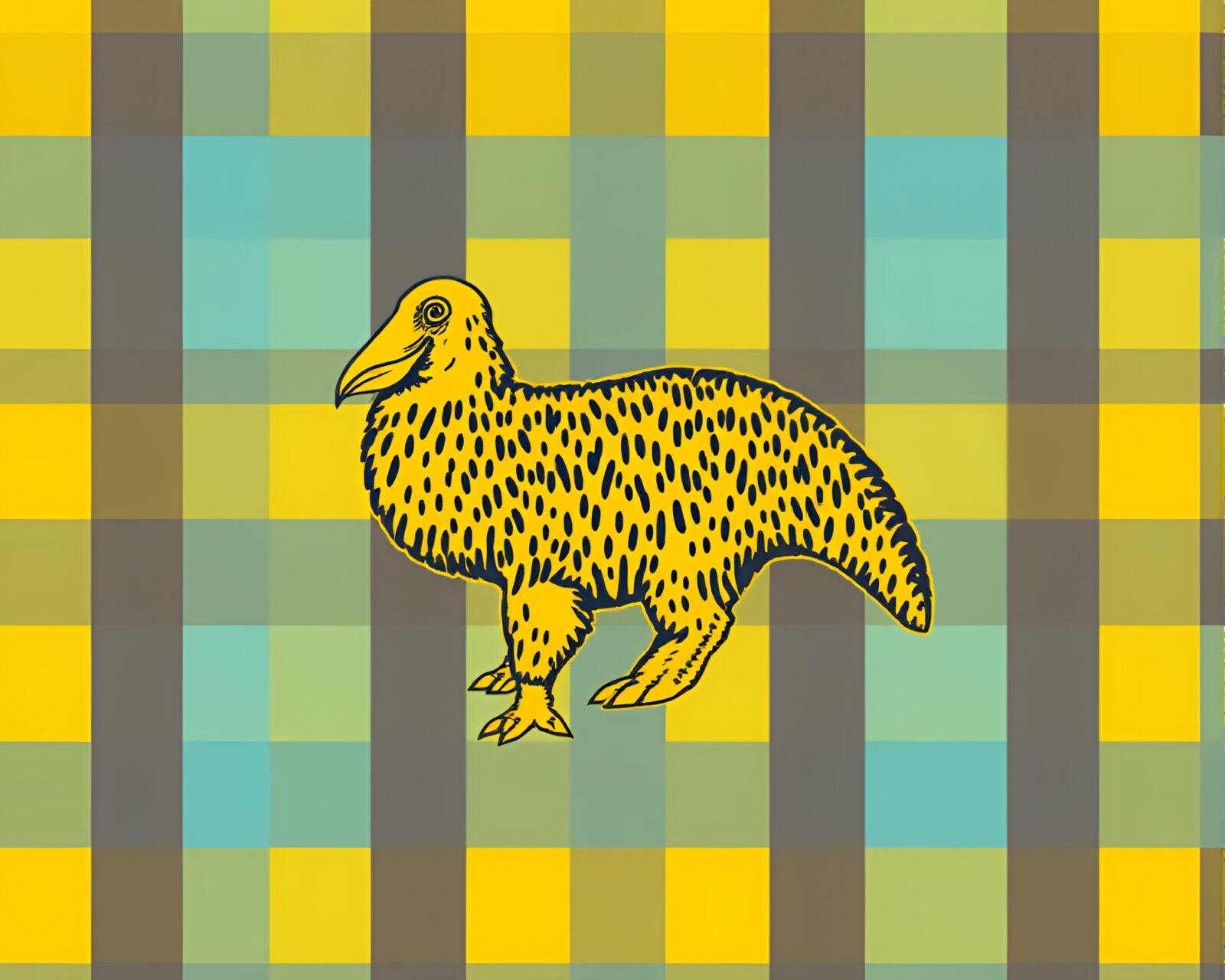 Grunge style walrus surrounded by mustard checkered pattern