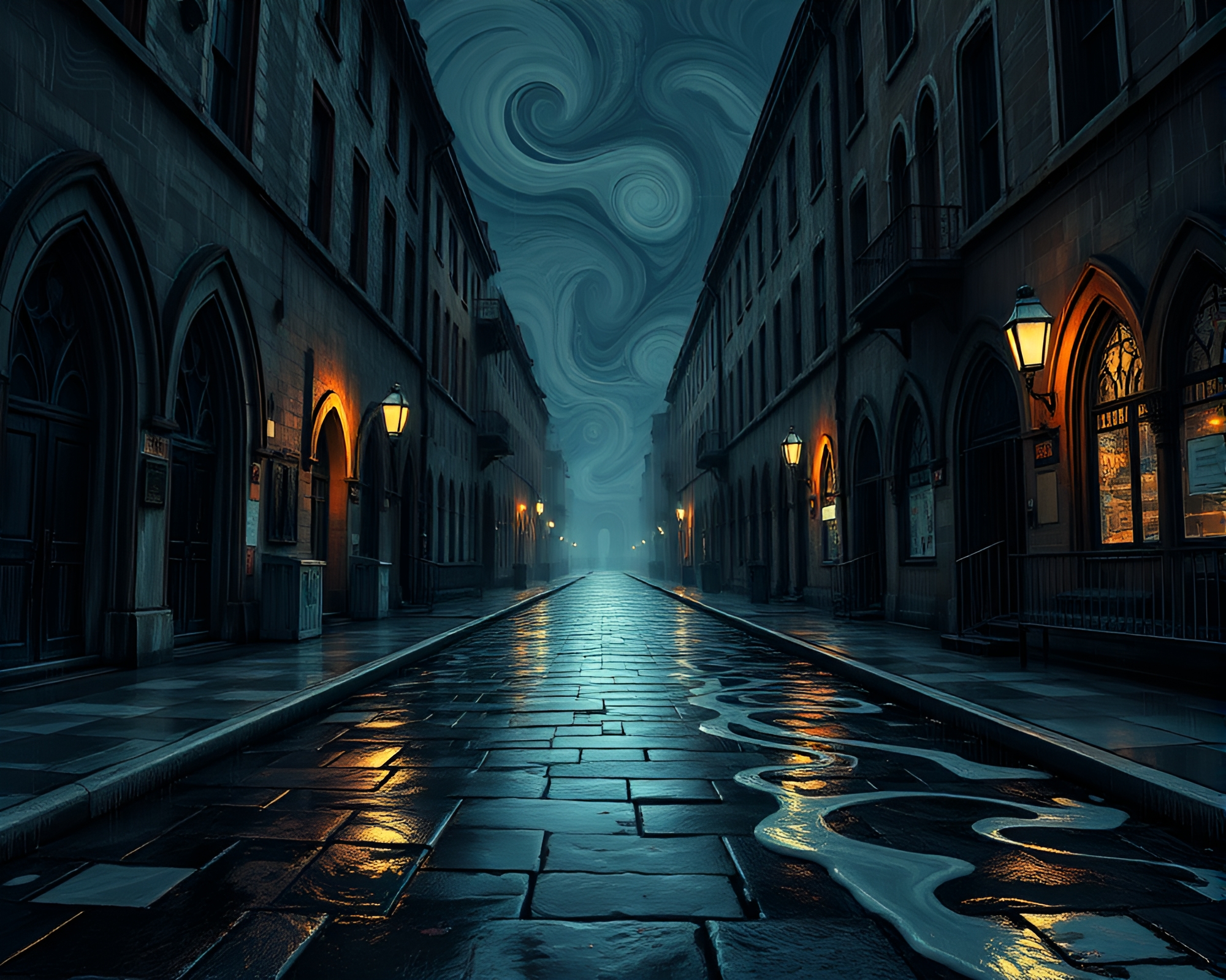Gothic Horror Wet Pavement in Cubist Milky Way Swirl – free AI stock image