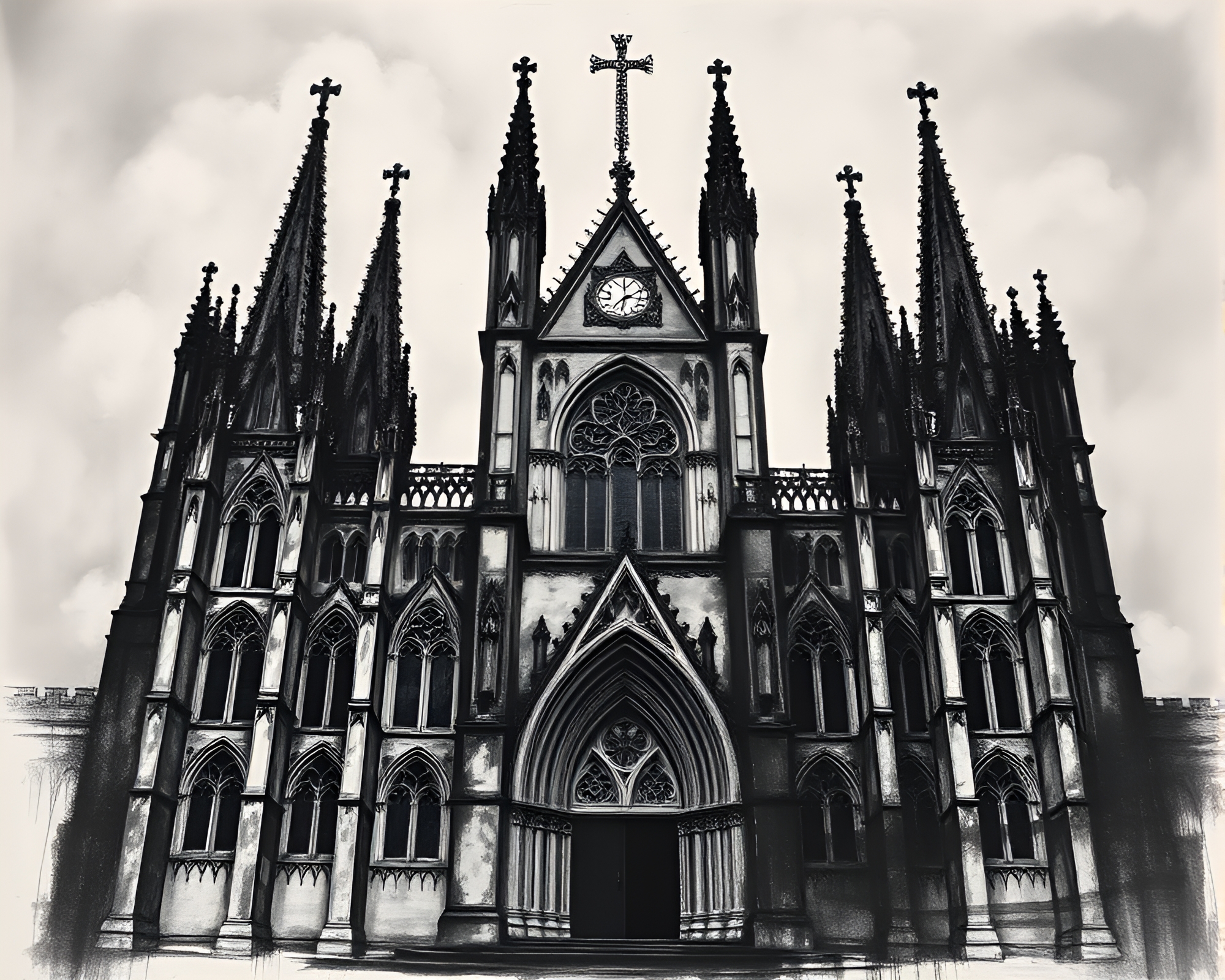 Gothic Cathedral Photocollage in Charcoal Black Atmosphere – free AI stock image