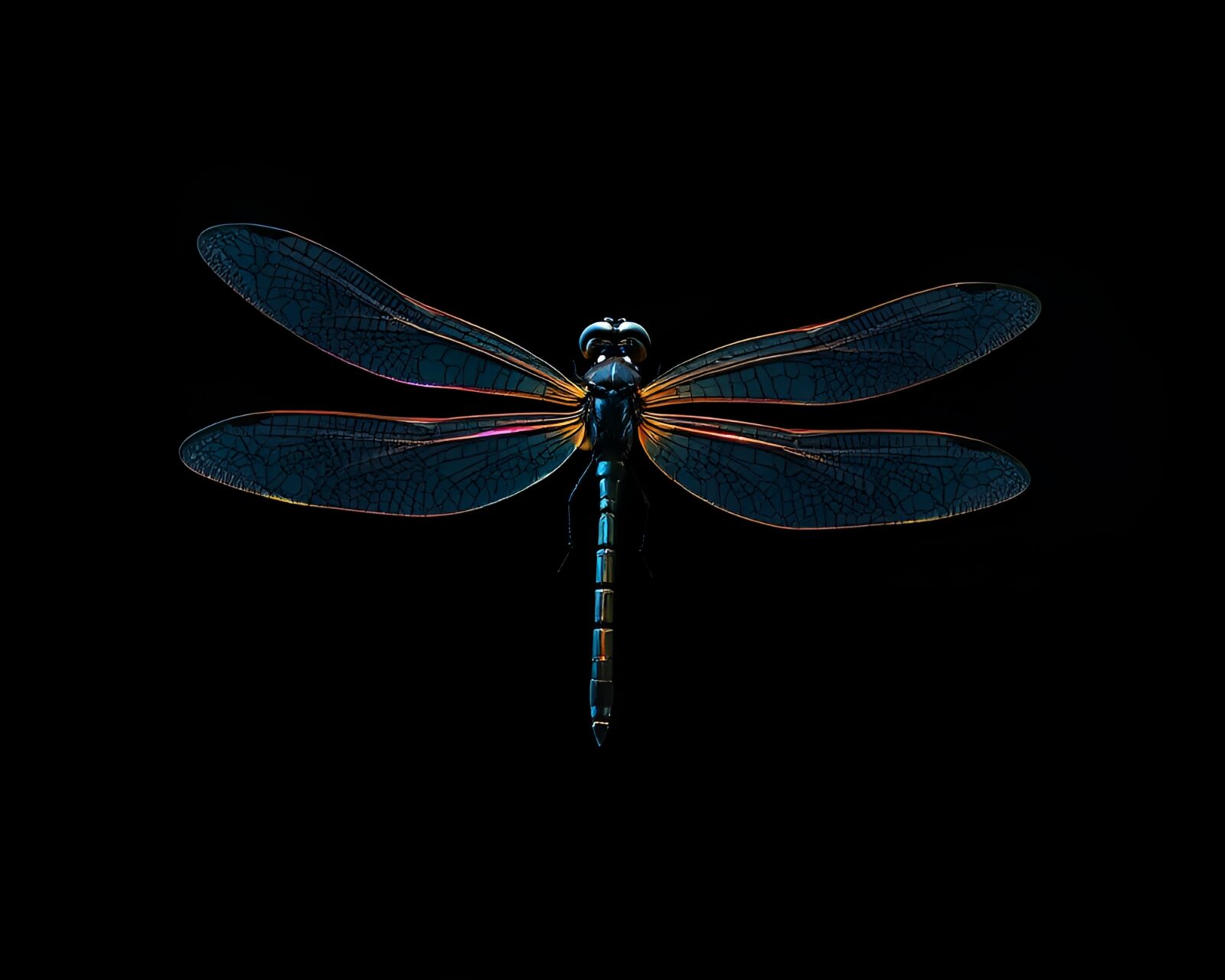 Phosphorescent dragonfly in low-poly 3D charcoal strokes