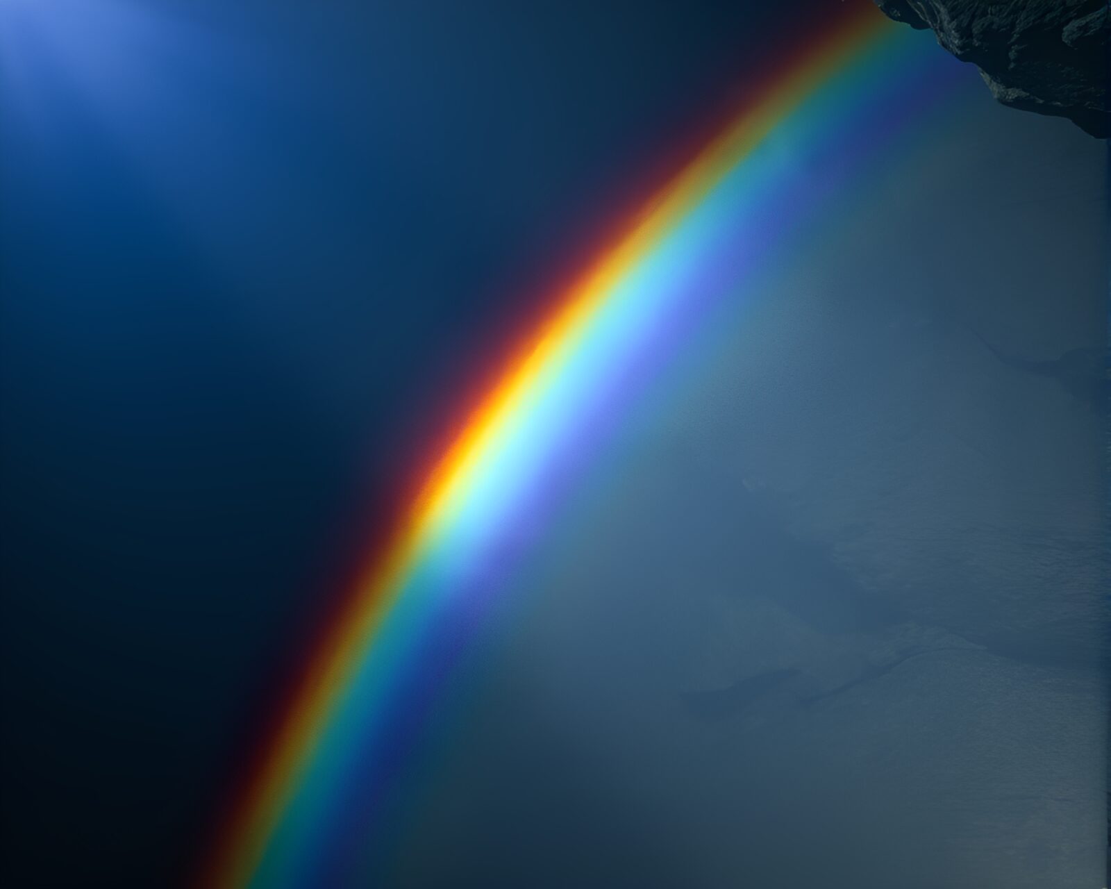 Wide shot of vibrant rainbow spectrum cavern bathed in sunlight