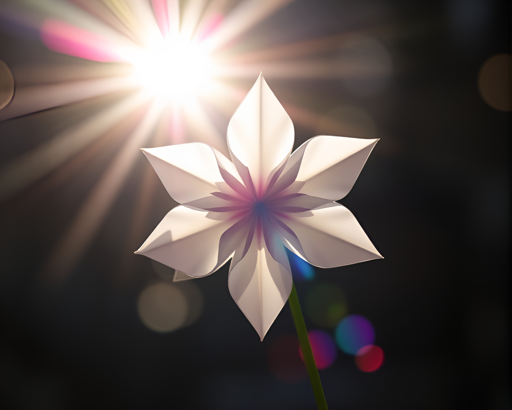 Vibrant Origami Flower Zoom Burst with Light Leaks – free AI stock image